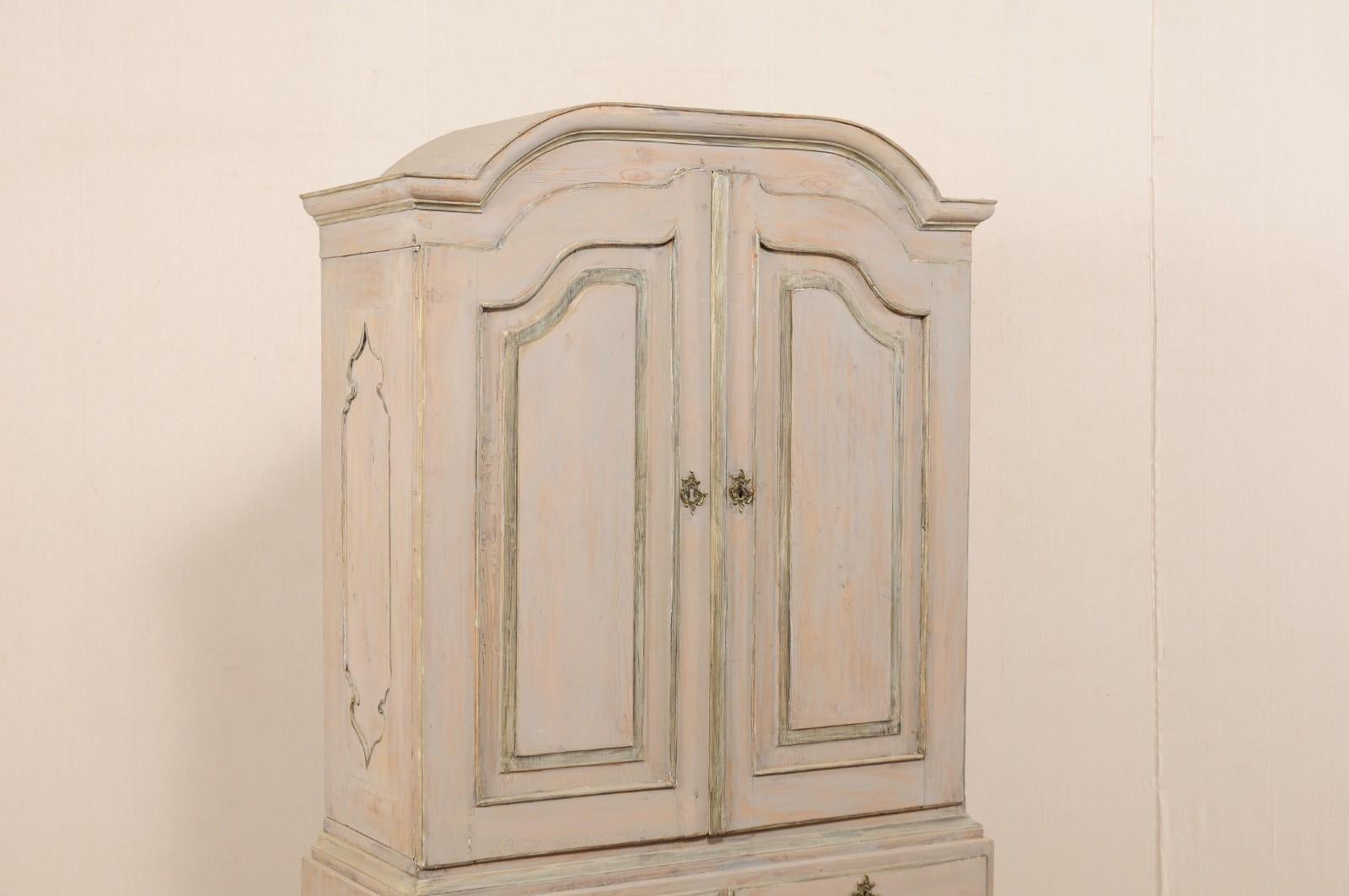 An 18th C. Swedish Period Rococo Tall Painted Wood Cabinet w/Arched Pediment In Good Condition In Atlanta, GA