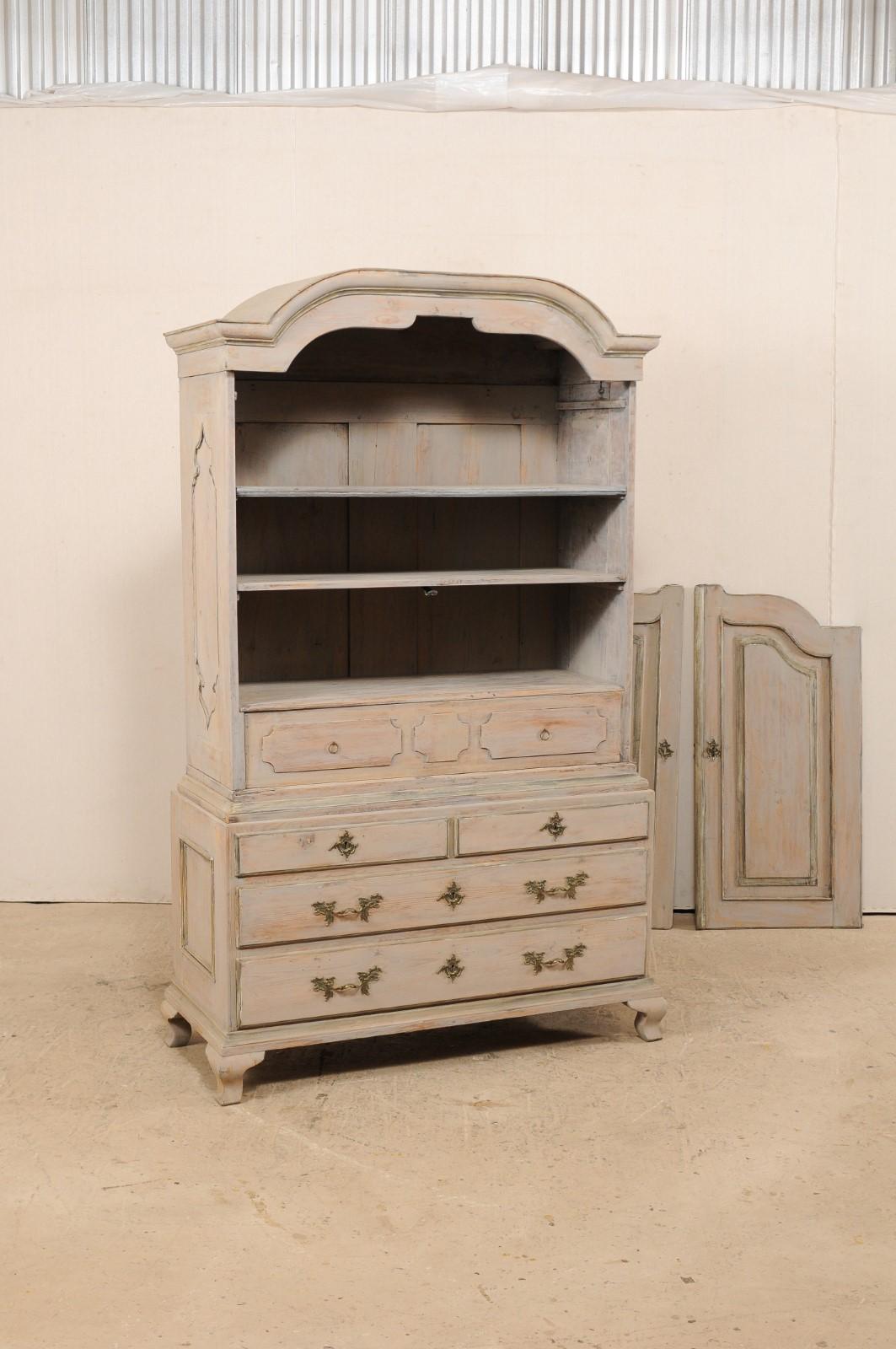 An 18th C. Swedish Period Rococo Tall Painted Wood Cabinet w/Arched Pediment 1