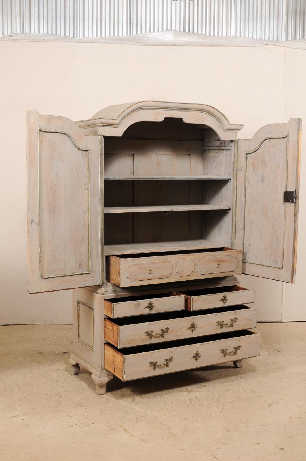 An 18th C. Swedish Period Rococo Tall Painted Wood Cabinet w/Arched Pediment 2
