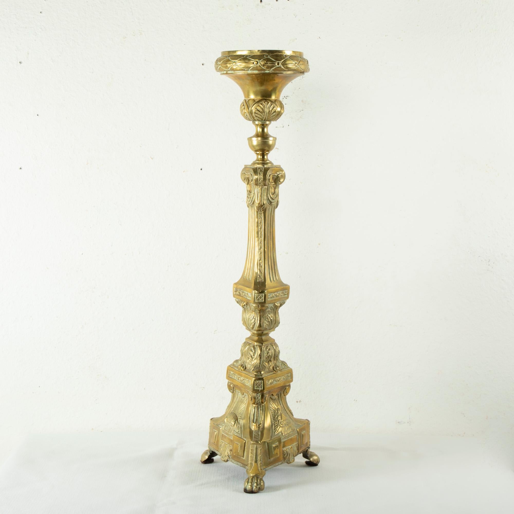 French Tall Late 19th Century Brass Repousse Church Pricket, Candlestick For Sale