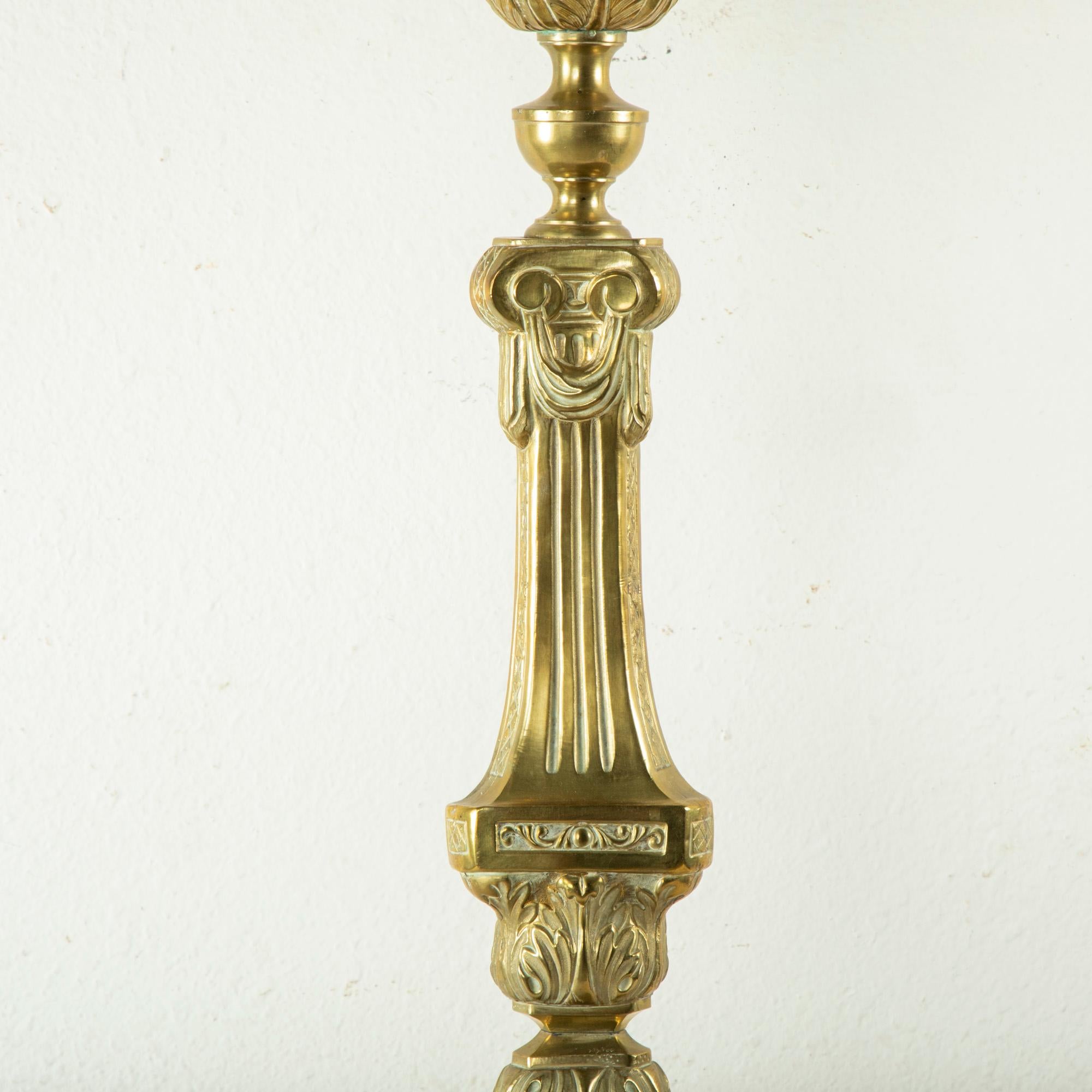 Tall Late 19th Century Brass Repousse Church Pricket, Candlestick In Good Condition For Sale In Fayetteville, AR