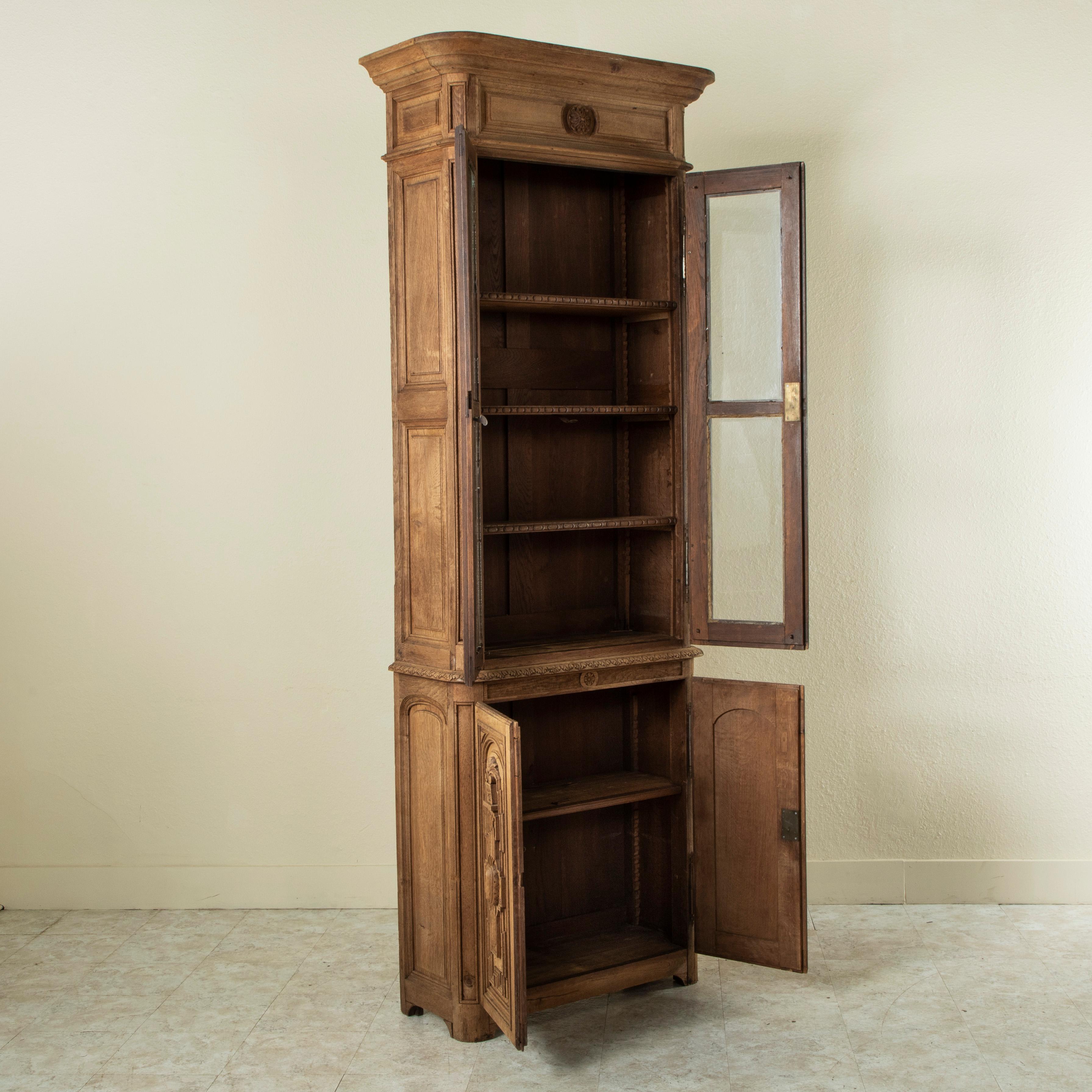 Blown Glass Tall Late 19th Century French Henri II Style Hand Carved Oak Bookcase or Vitrine
