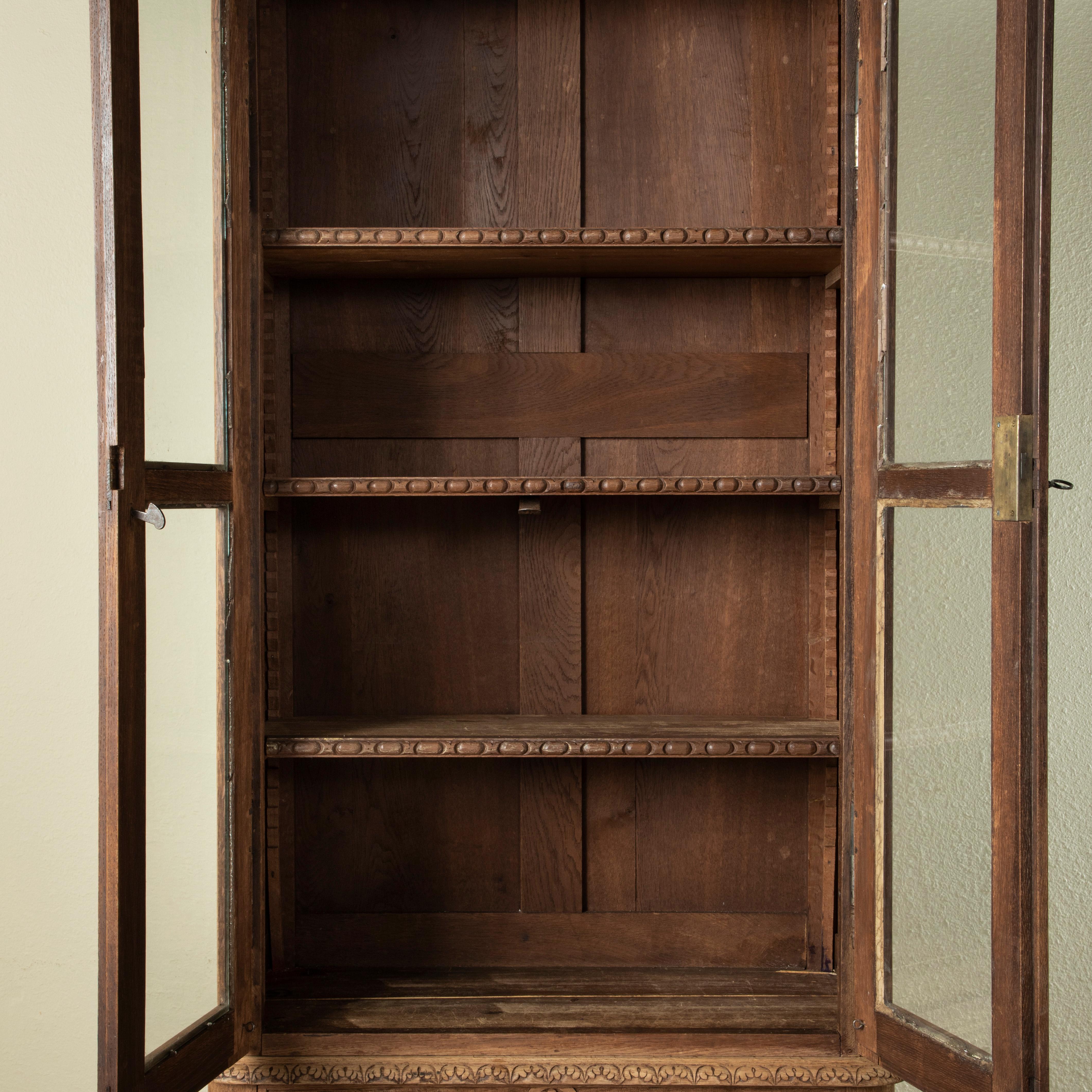 Tall Late 19th Century French Henri II Style Hand Carved Oak Bookcase or Vitrine 1