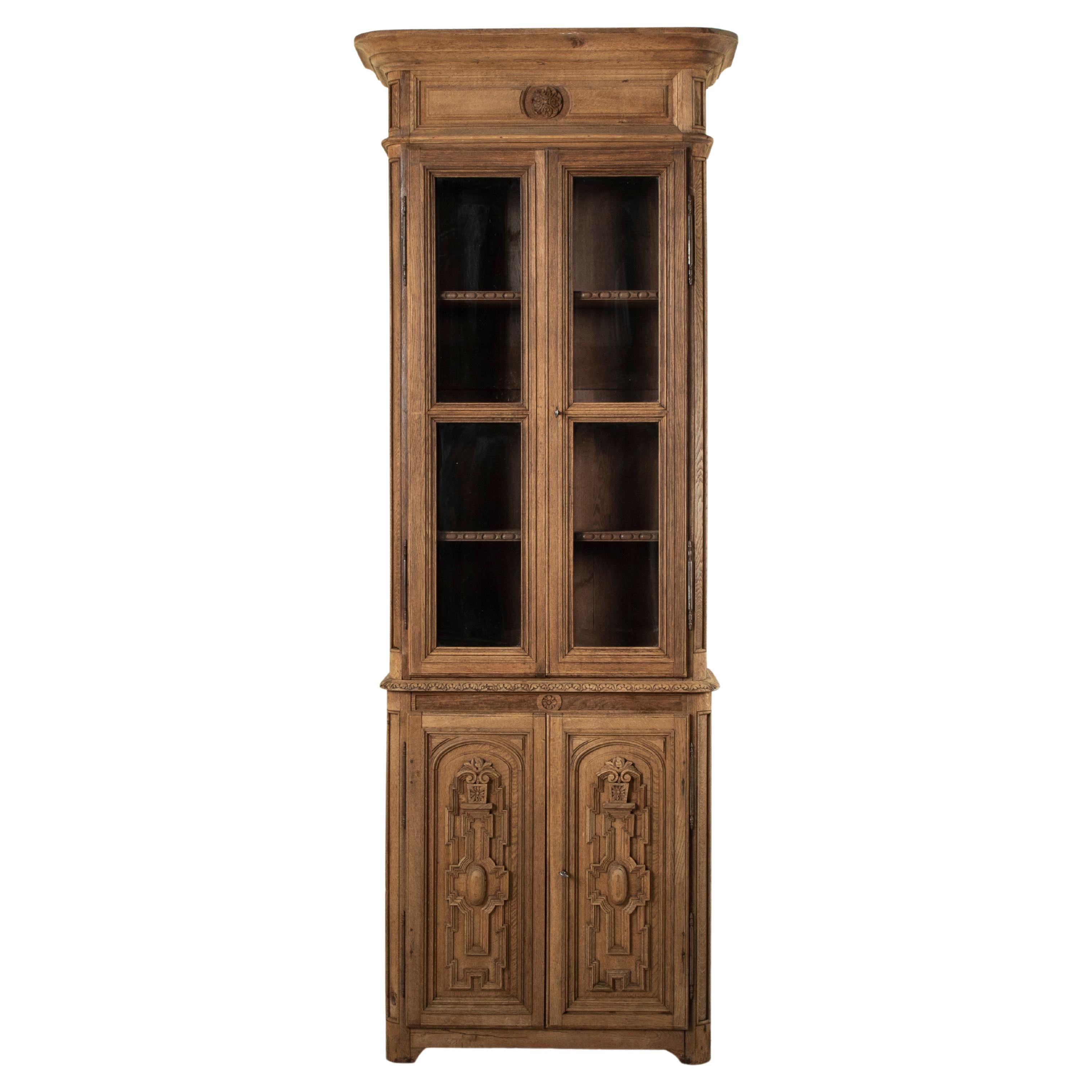 Tall Late 19th Century French Henri II Style Hand Carved Oak Bookcase or Vitrine
