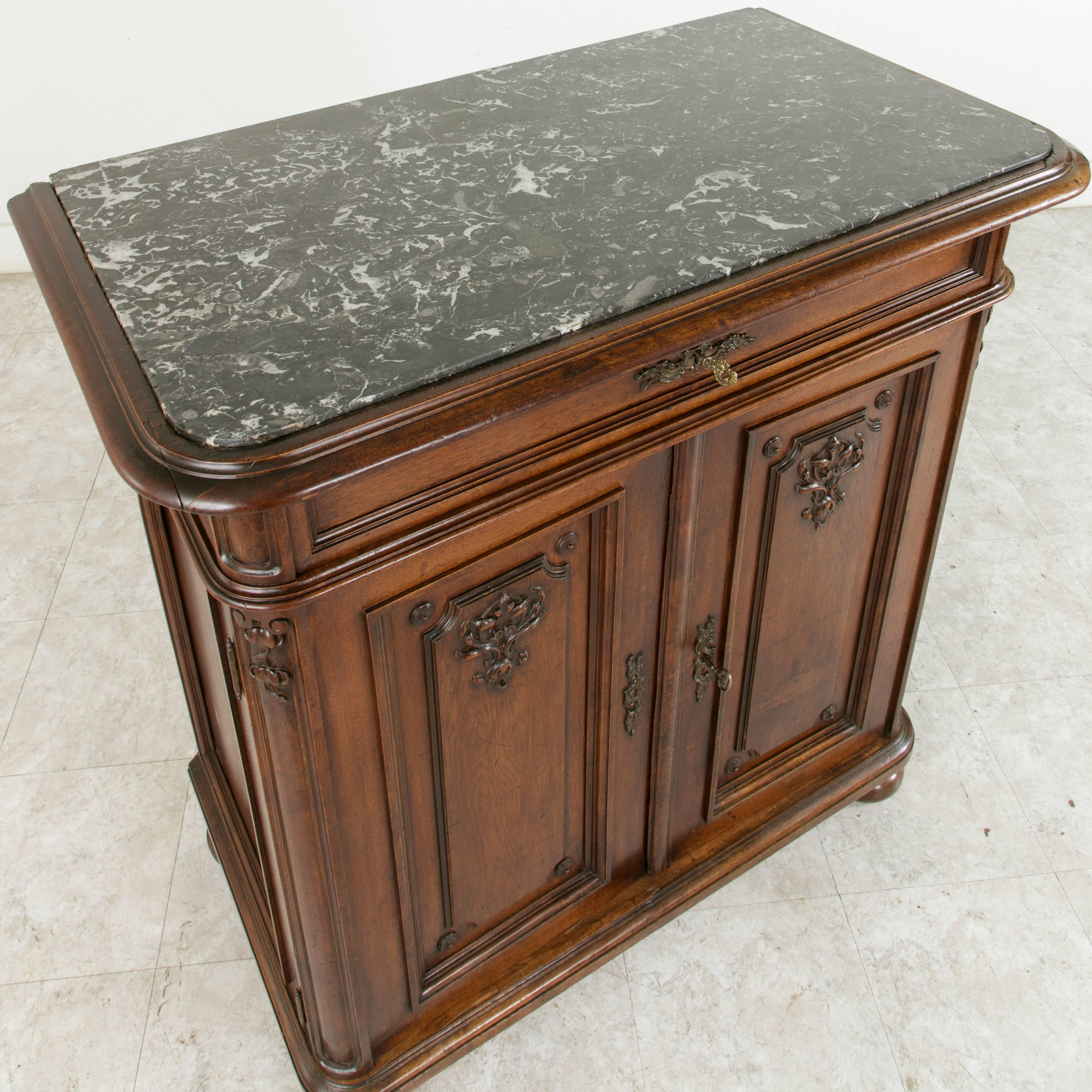 Régence Tall Late 19th Century Hand-Carved Walnut Buffet or Dry Bar with Marble Top