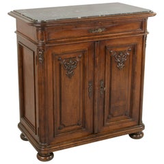 Tall Late 19th Century Hand-Carved Walnut Buffet or Dry Bar with Marble Top