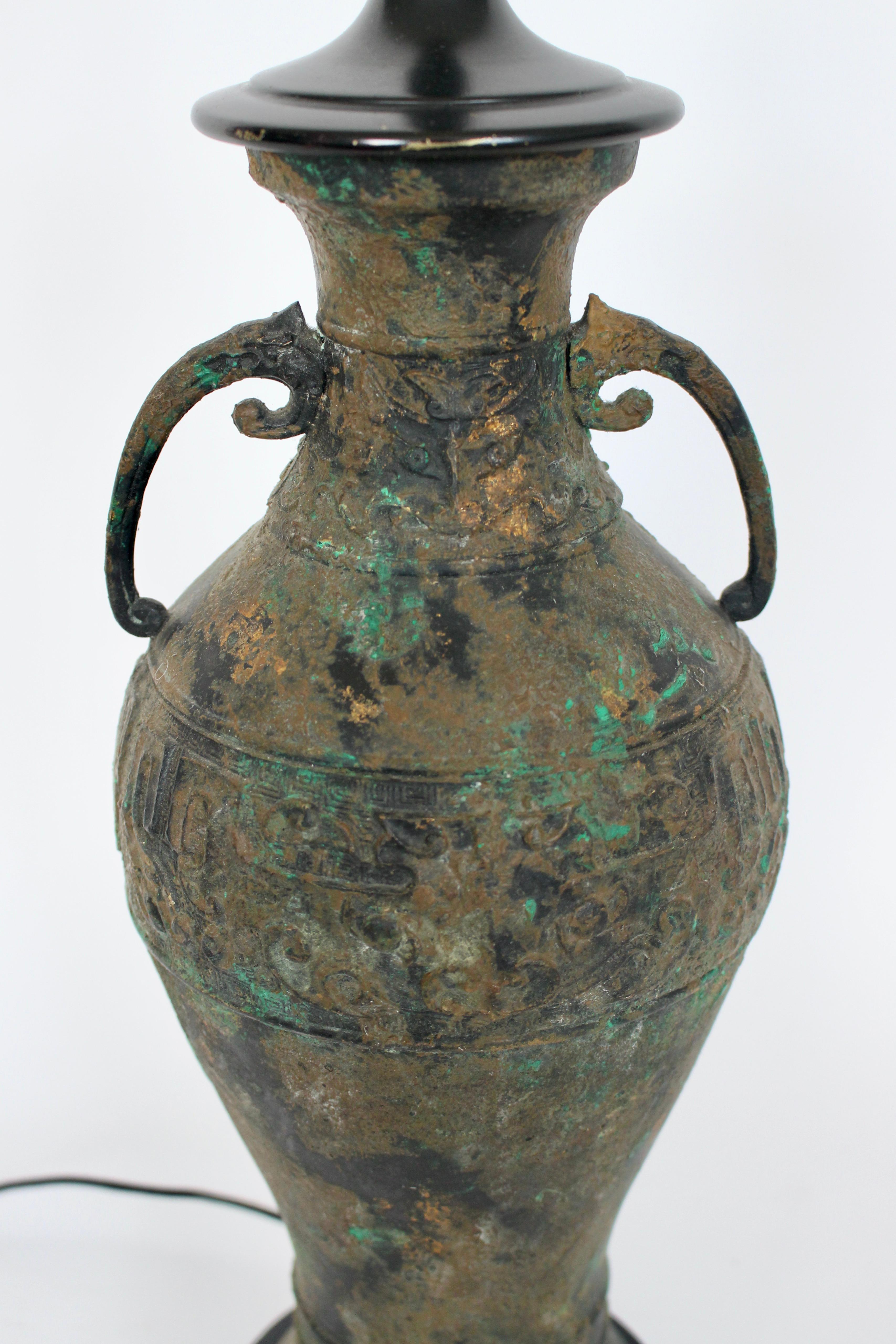 Tall Laurel Lamp Company Ancient Asian Style Bronze Verdigris Table Lamp, 1950's For Sale 3