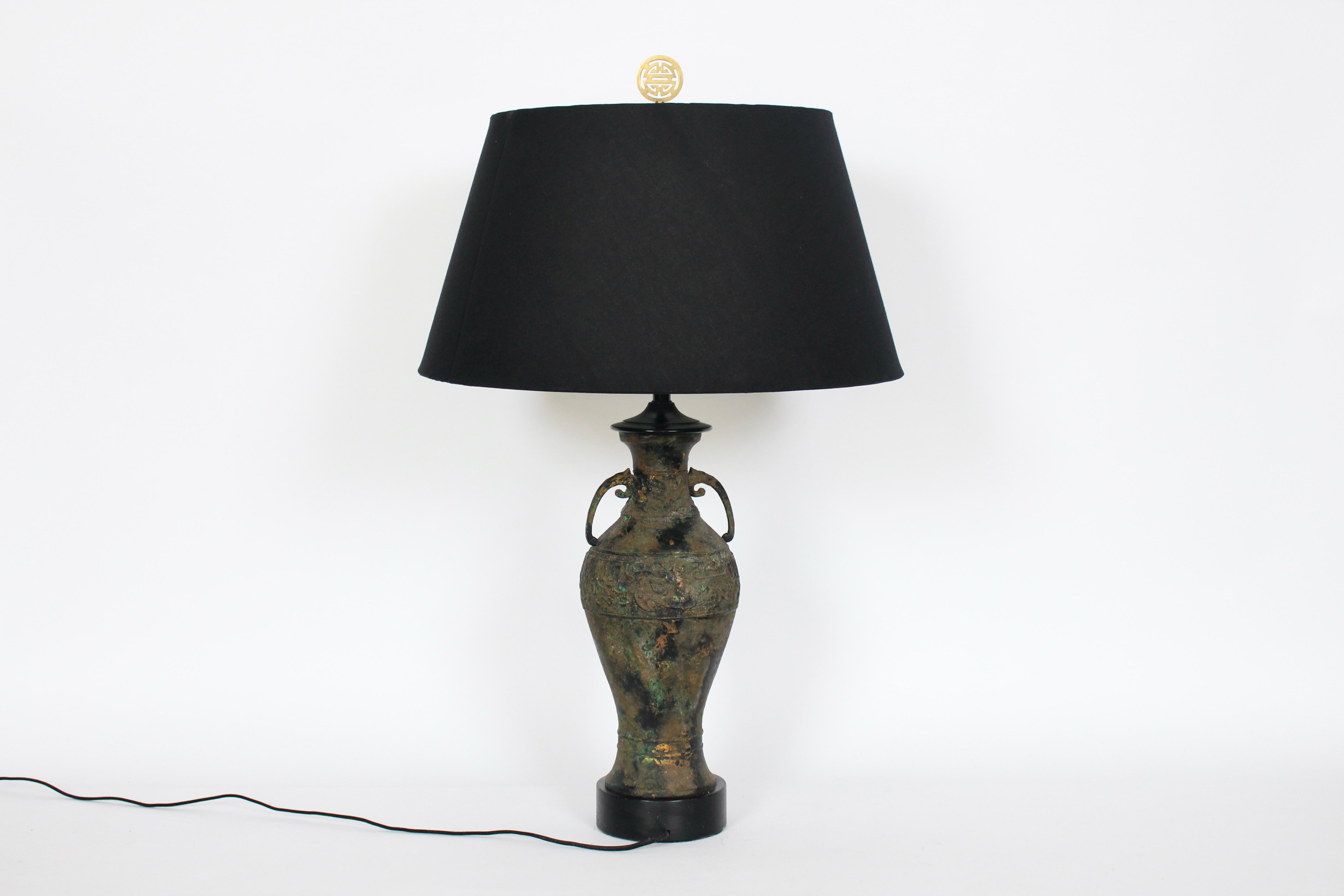 American Tall Laurel Lamp Company Ancient Asian Style Bronze Verdigris Table Lamp, 1950's For Sale
