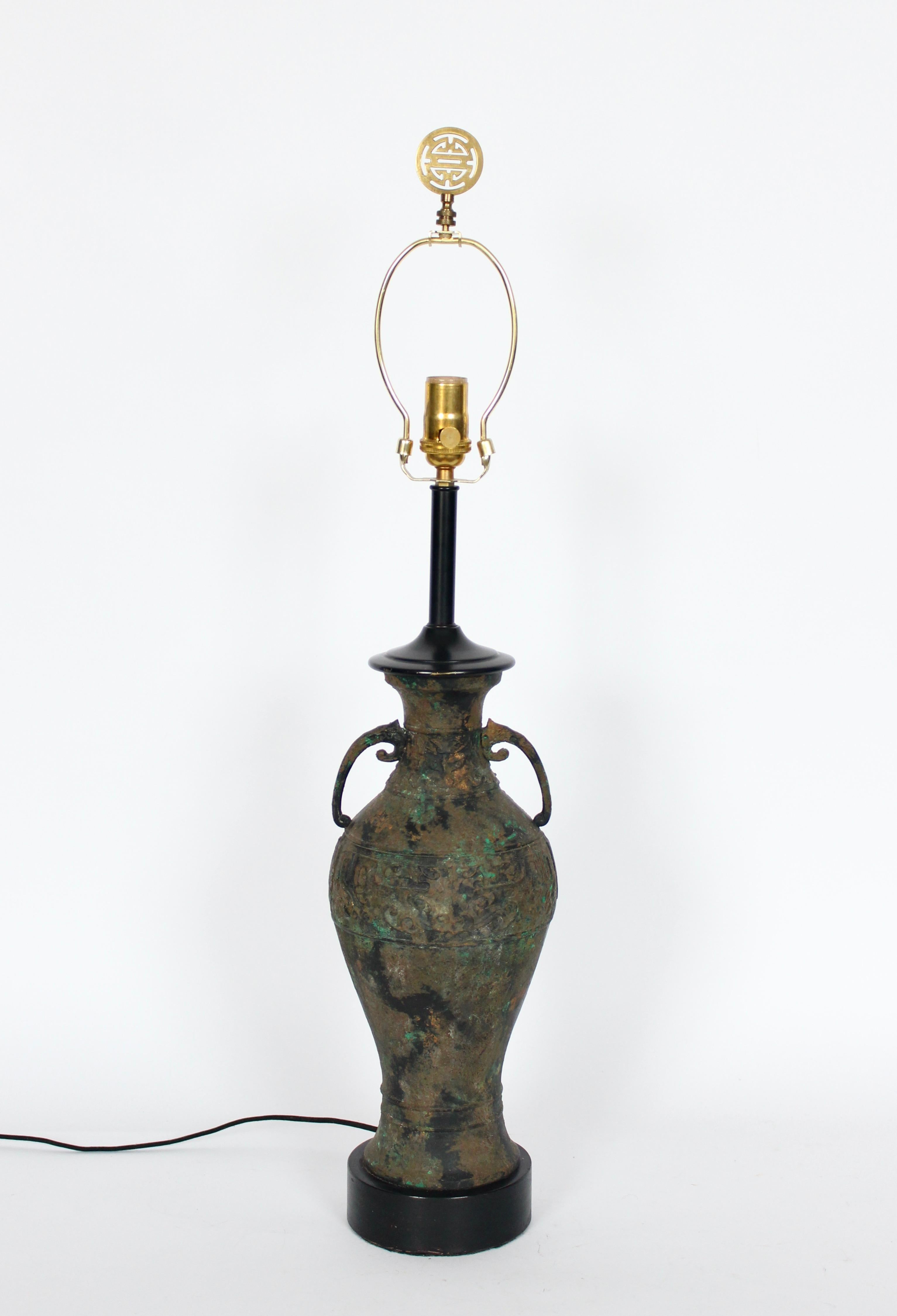 Tall Laurel Lamp Company Ancient Asian Style Bronze Verdigris Table Lamp, 1950's In Good Condition For Sale In Bainbridge, NY