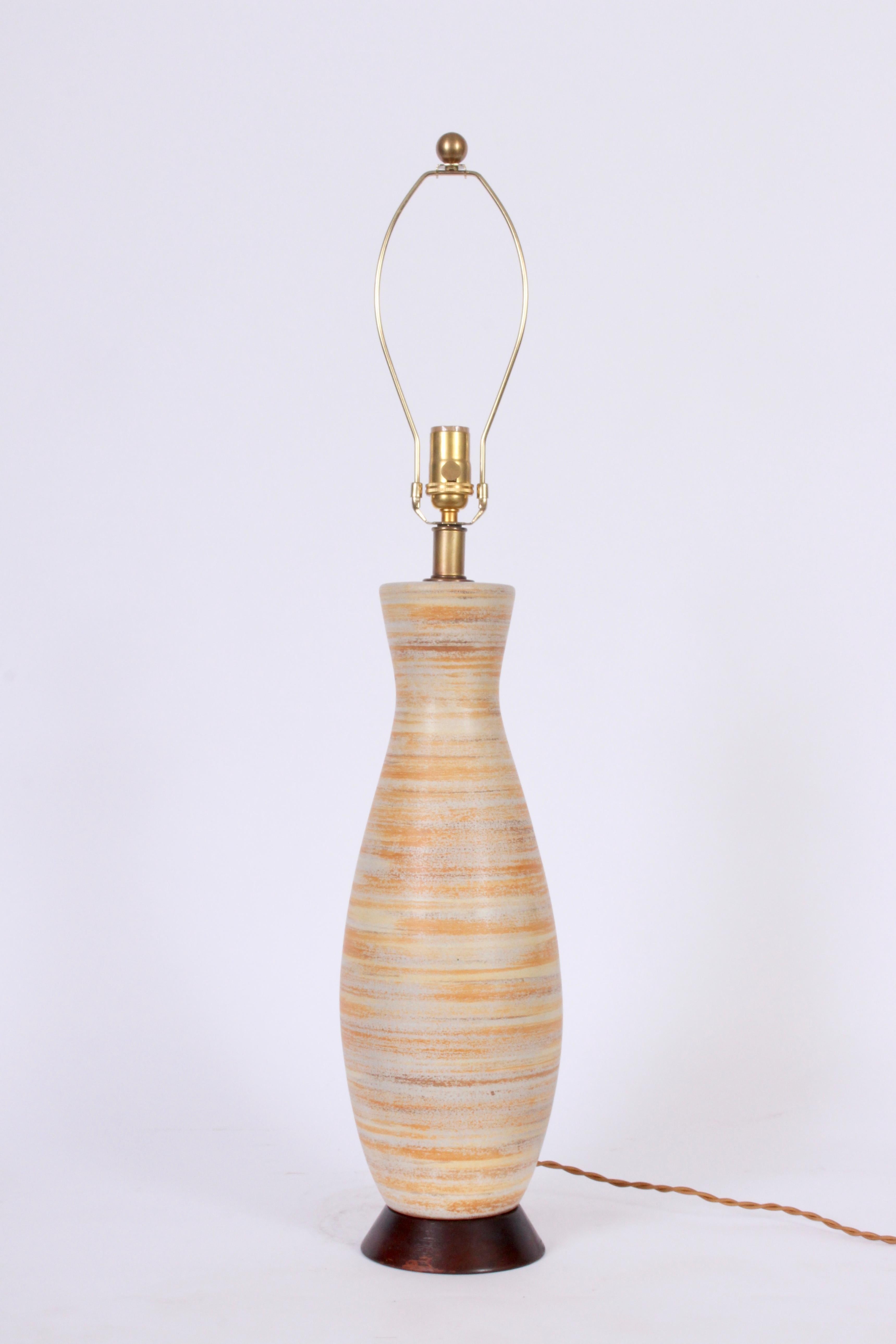 Mid-Century Modern Tall Design-Technics Pale Citrus Banded Pottery Table Lamp, C. 1950s For Sale
