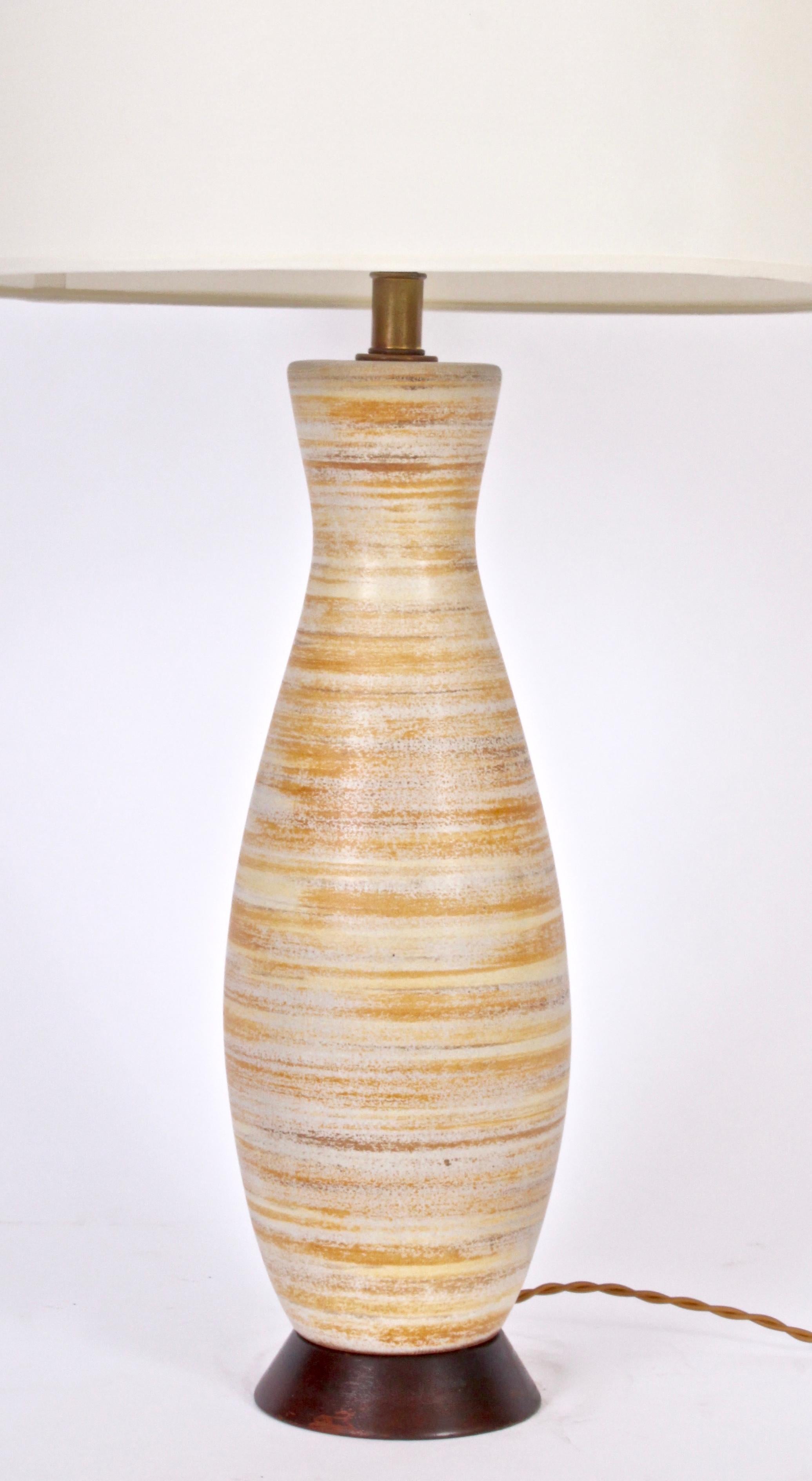 American Tall Design-Technics Pale Citrus Banded Pottery Table Lamp, C. 1950s For Sale