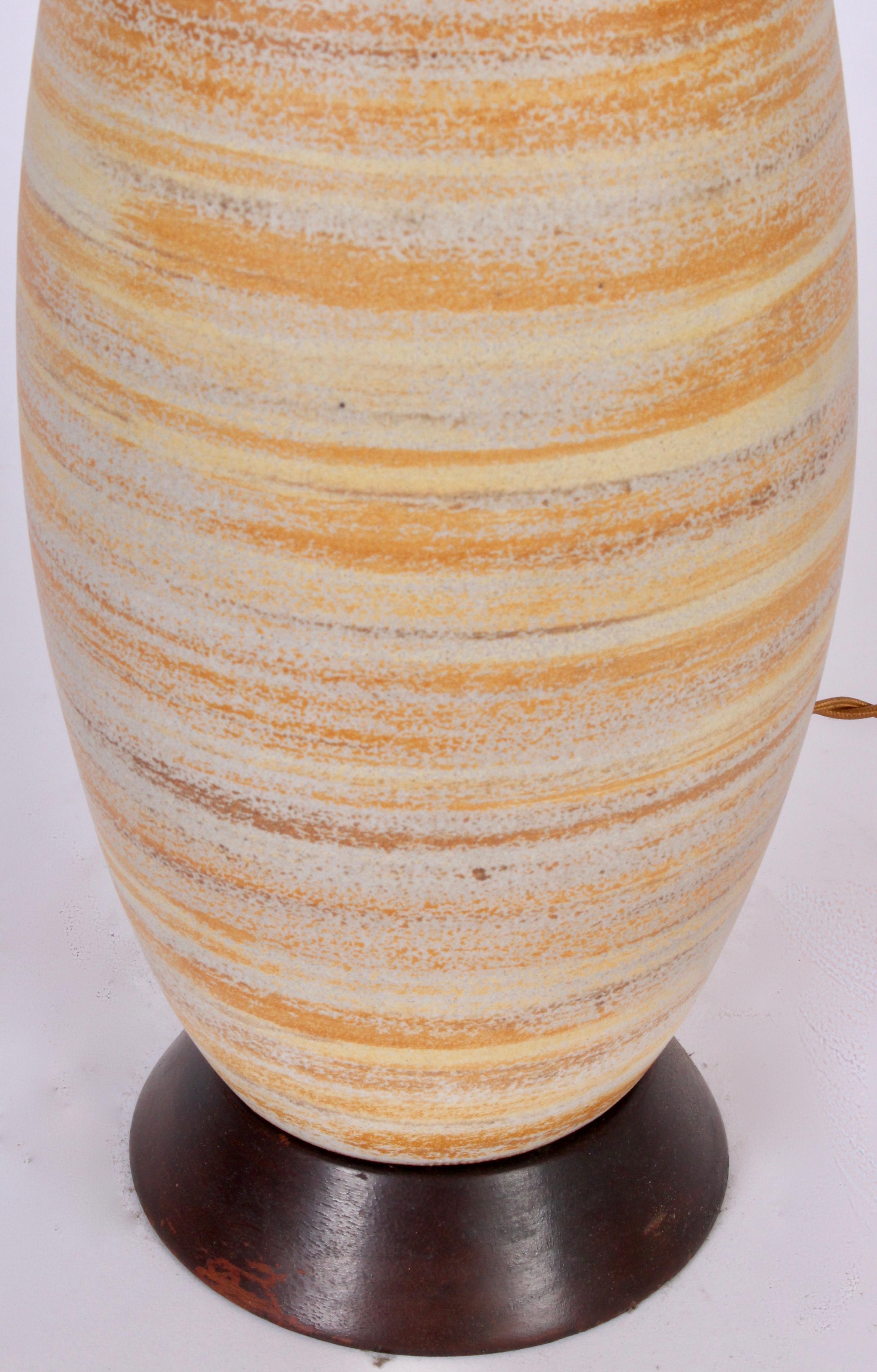 Tall Design-Technics Pale Citrus Banded Pottery Table Lamp, C. 1950s In Good Condition For Sale In Bainbridge, NY