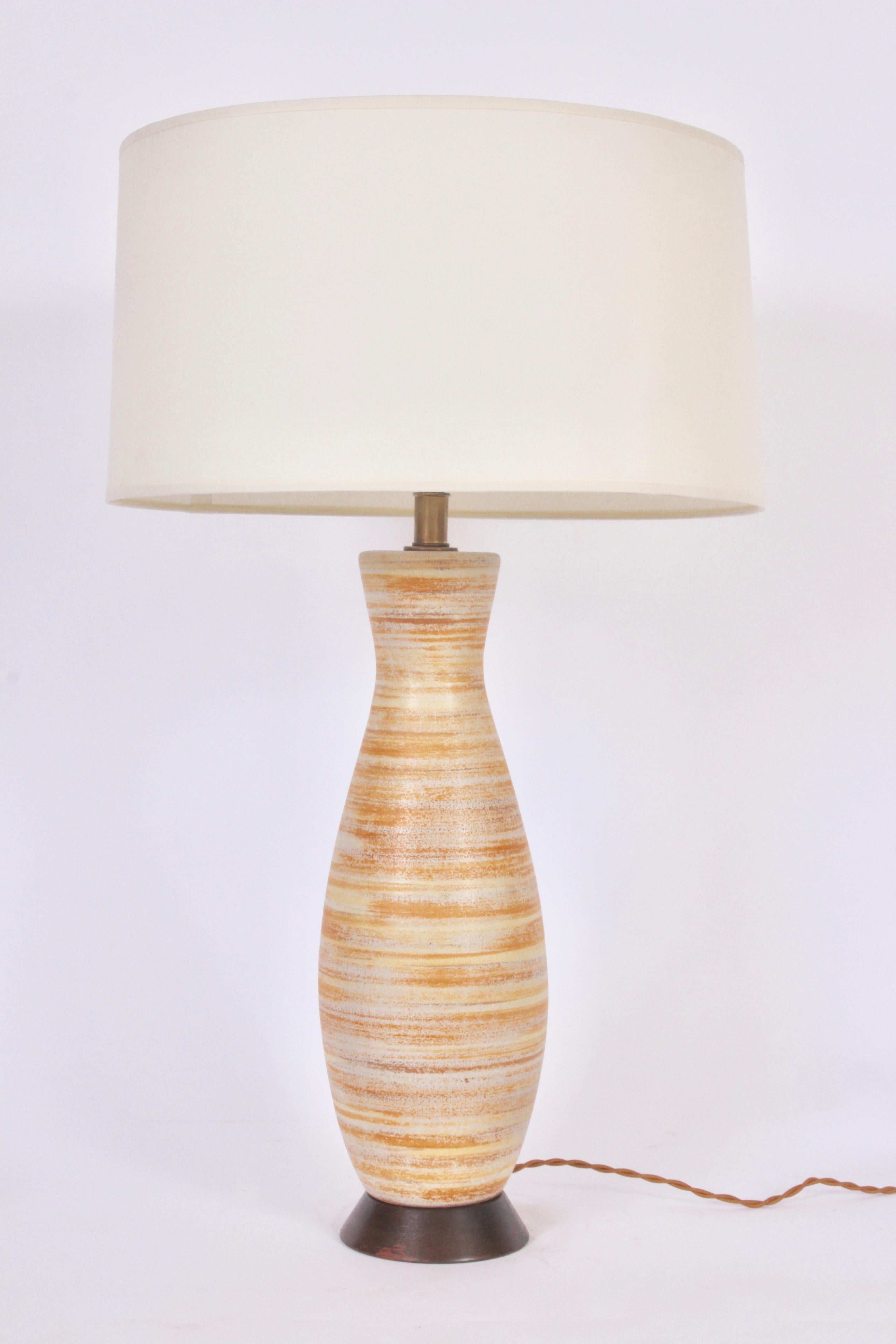 Brass Tall Design-Technics Pale Citrus Banded Pottery Table Lamp, C. 1950s For Sale