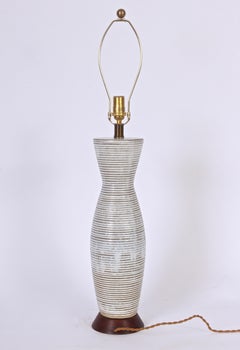 Tall Lee Rosen Design Technics Banded White Drip Glaze Pottery Table Lamp, 1950s