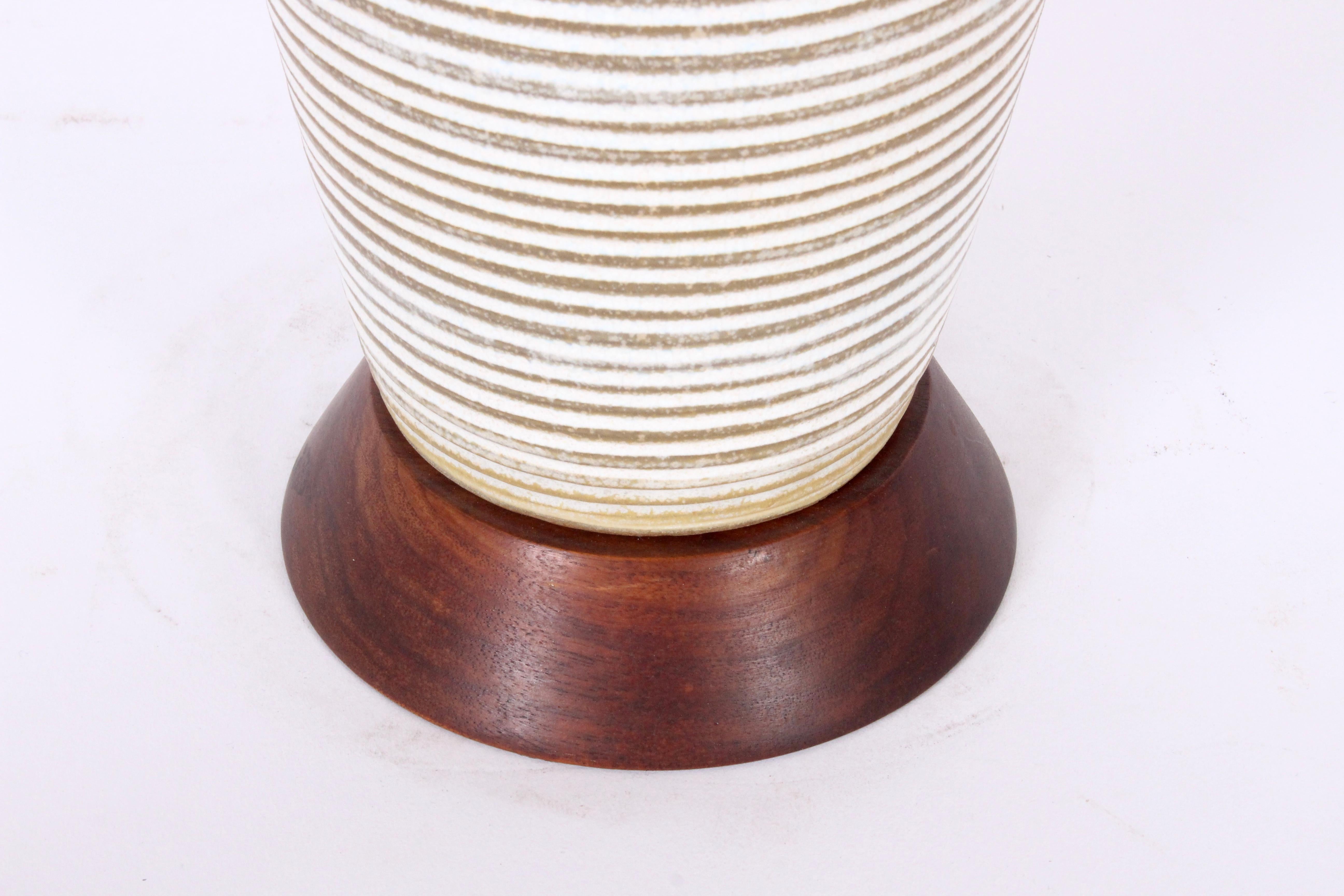 Plated Tall Lee Rosen Design Technics White Banded Drip Glaze Pottery Table Lamp, 1950s For Sale