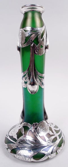 Tall Loetz Art Nouveau Green Vase with Alvin Silver Overlay