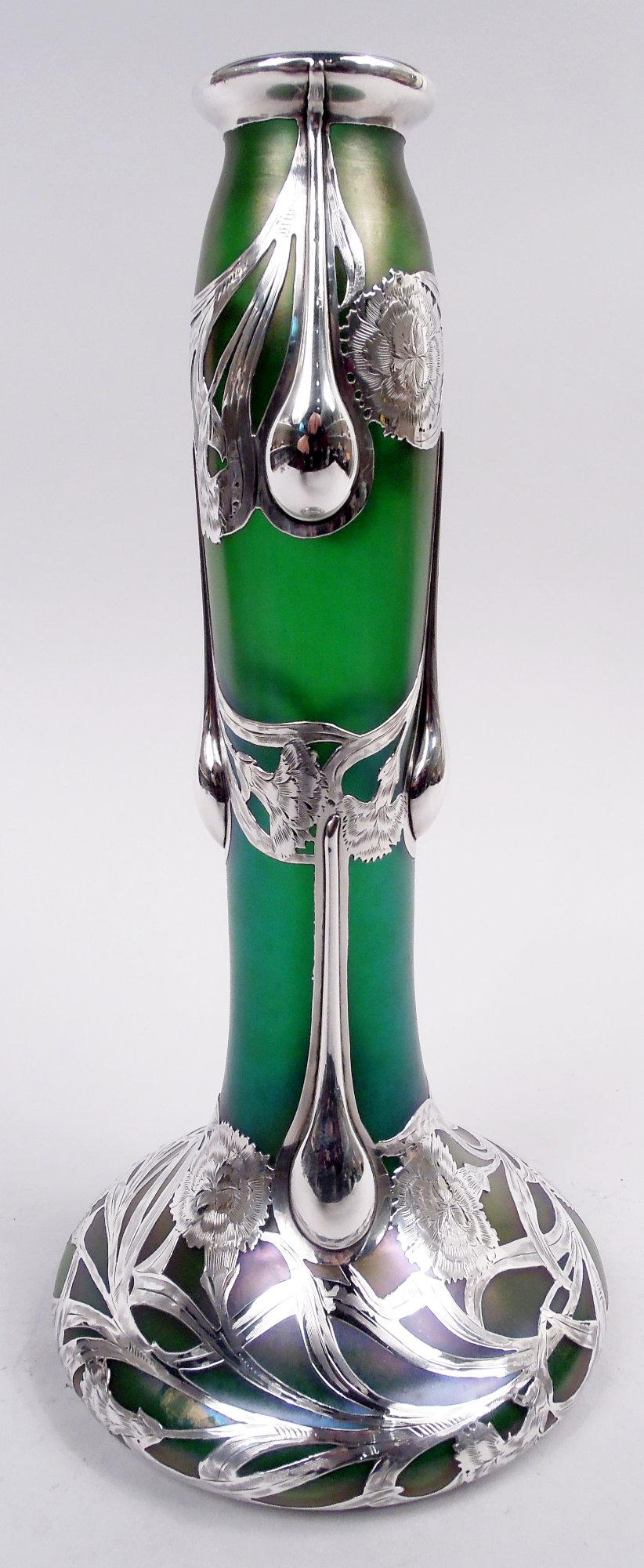 Austrian Tall Loetz Art Nouveau Green Vase with Alvin Silver Overlay For Sale