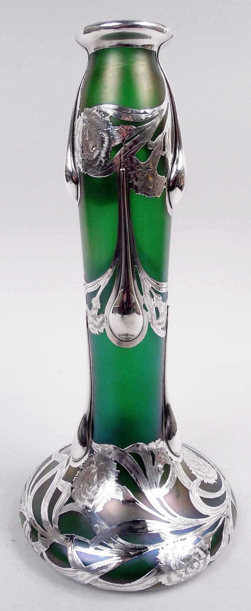 Engraved Tall Loetz Art Nouveau Green Vase with Alvin Silver Overlay For Sale