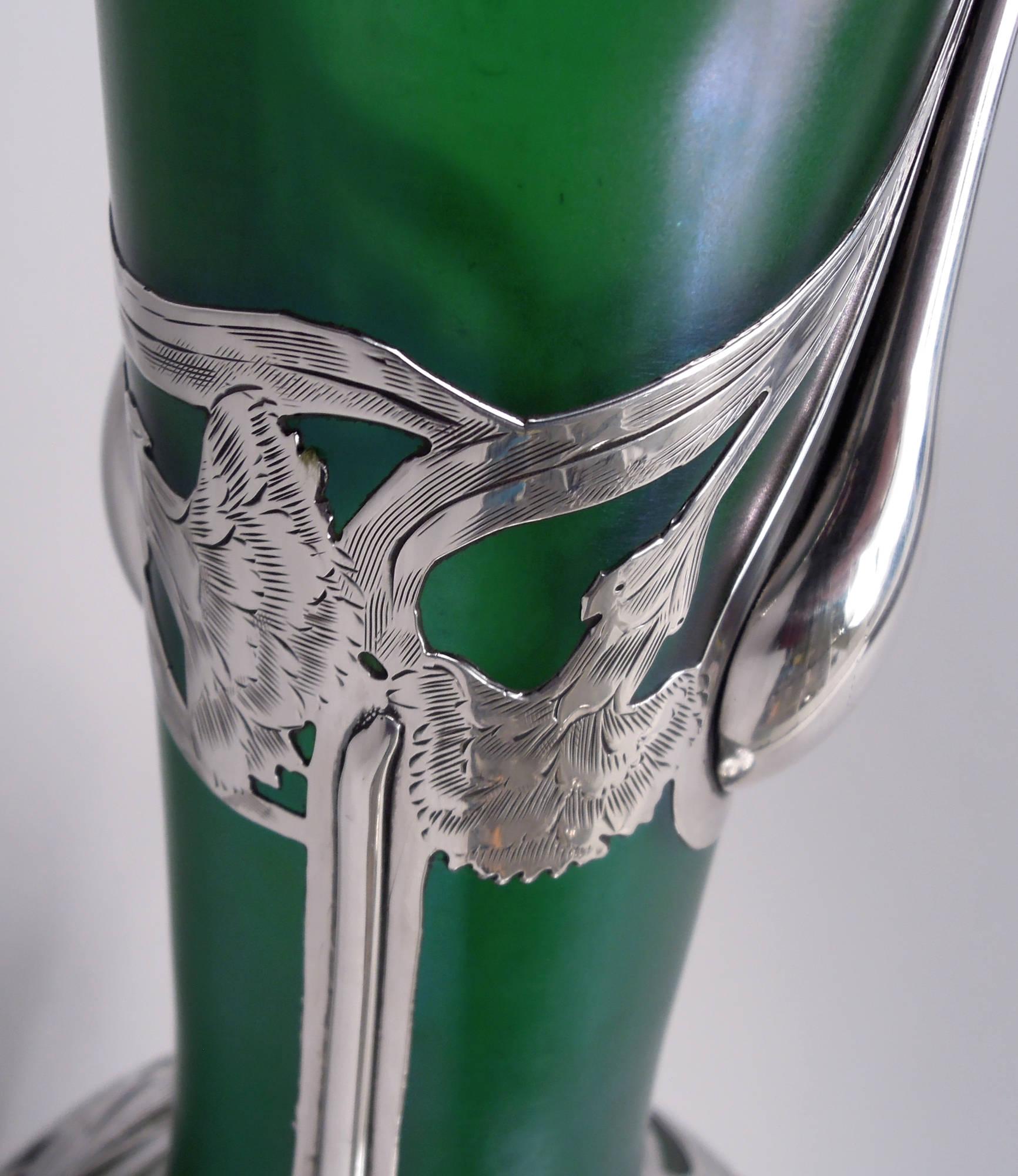 20th Century Tall Loetz Art Nouveau Green Vase with Alvin Silver Overlay For Sale