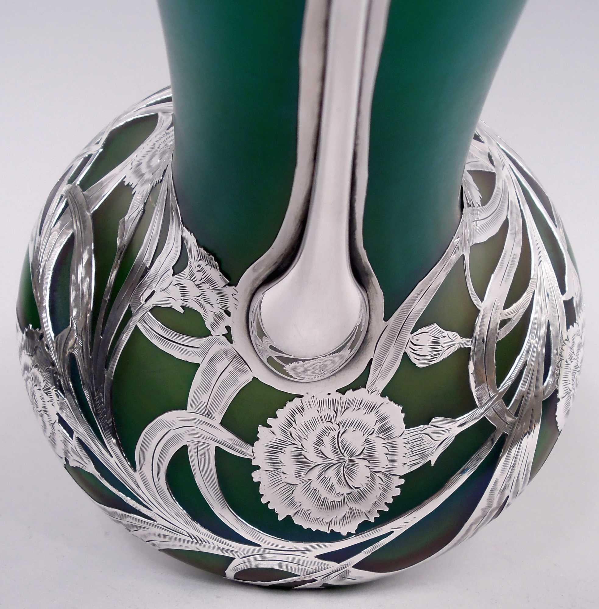 Tall Loetz Art Nouveau Green Vase with Alvin Silver Overlay For Sale 1