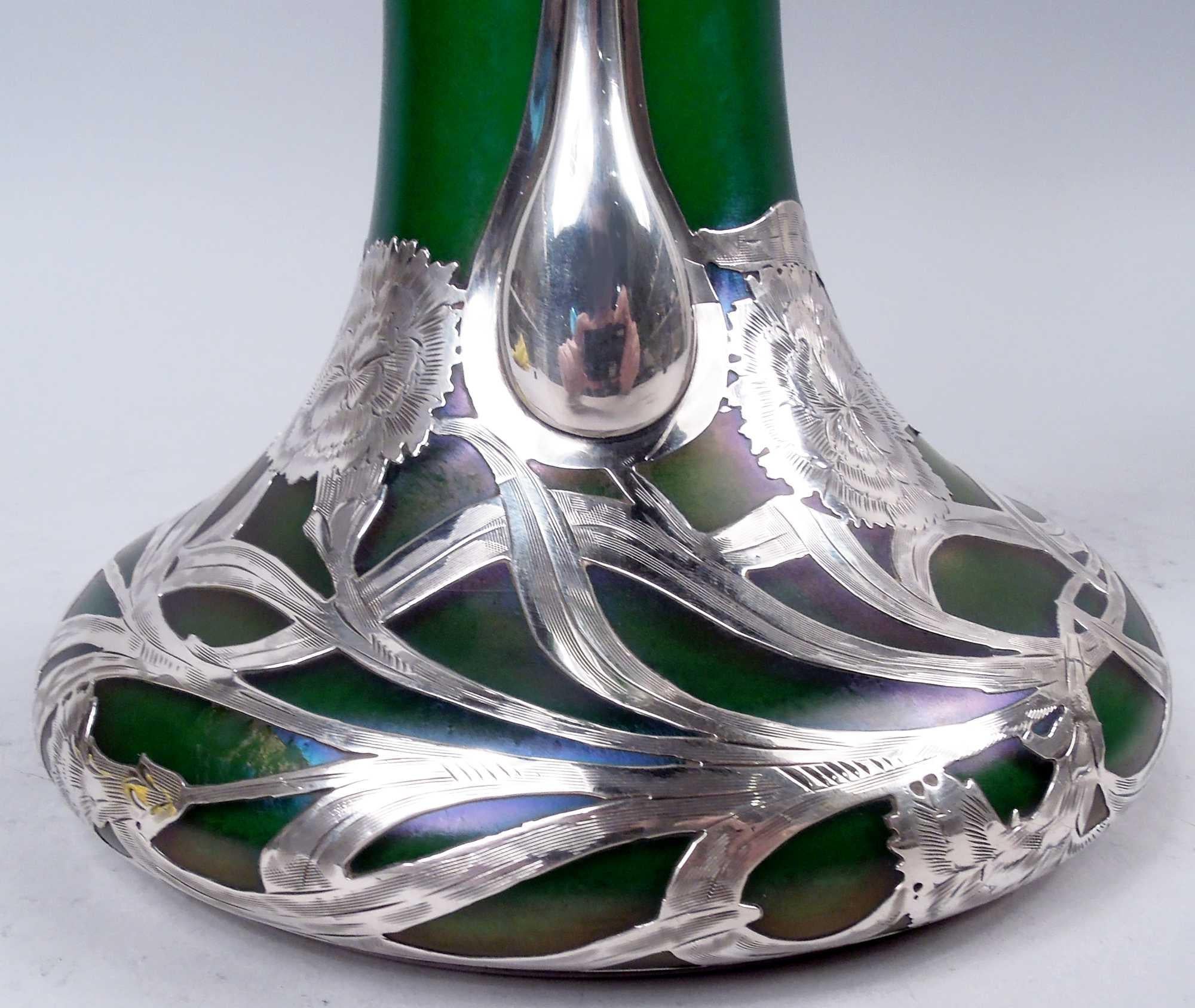 Tall Loetz Art Nouveau Green Vase with Alvin Silver Overlay For Sale 2
