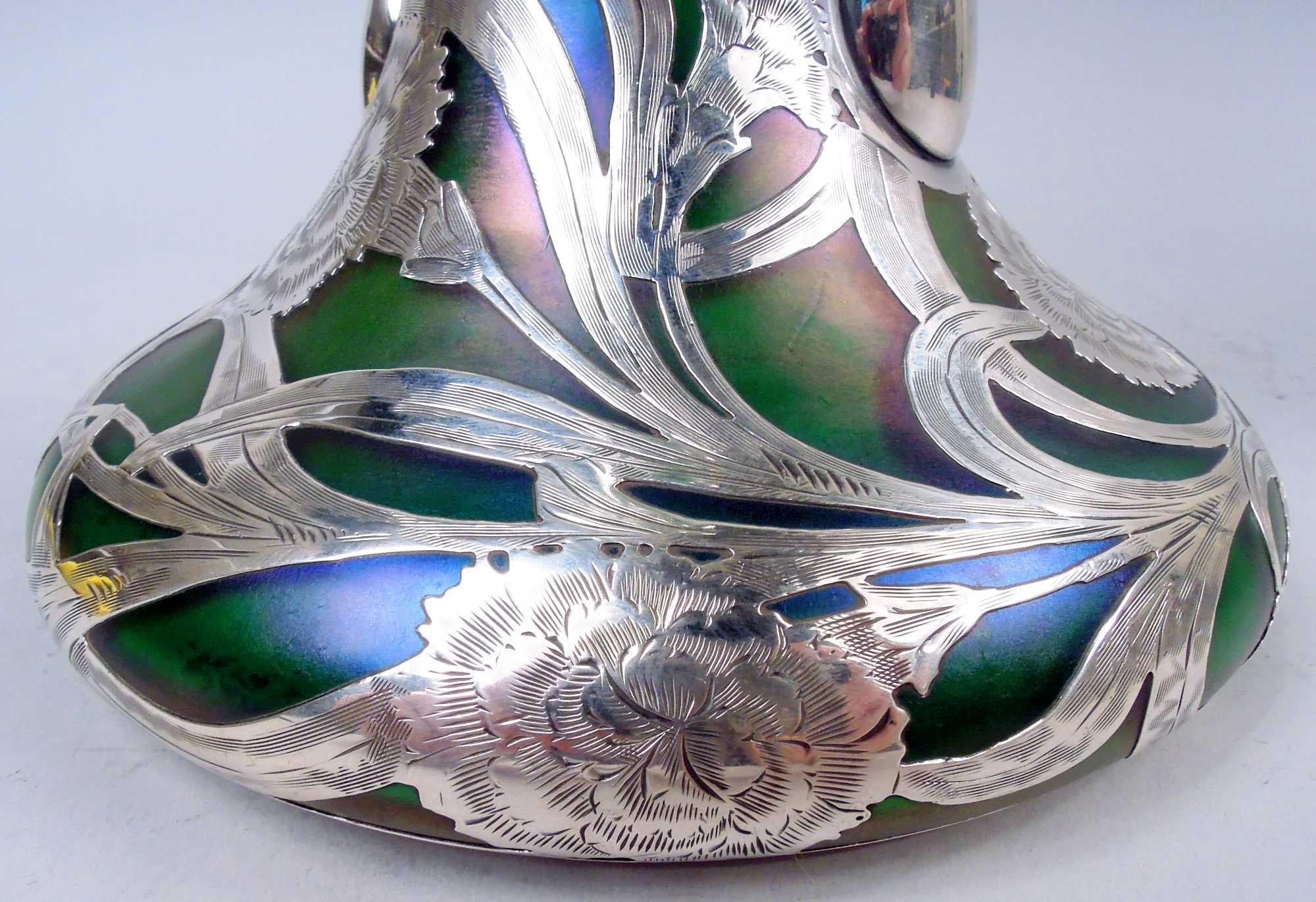 Tall Loetz Art Nouveau Green Vase with Alvin Silver Overlay For Sale 3
