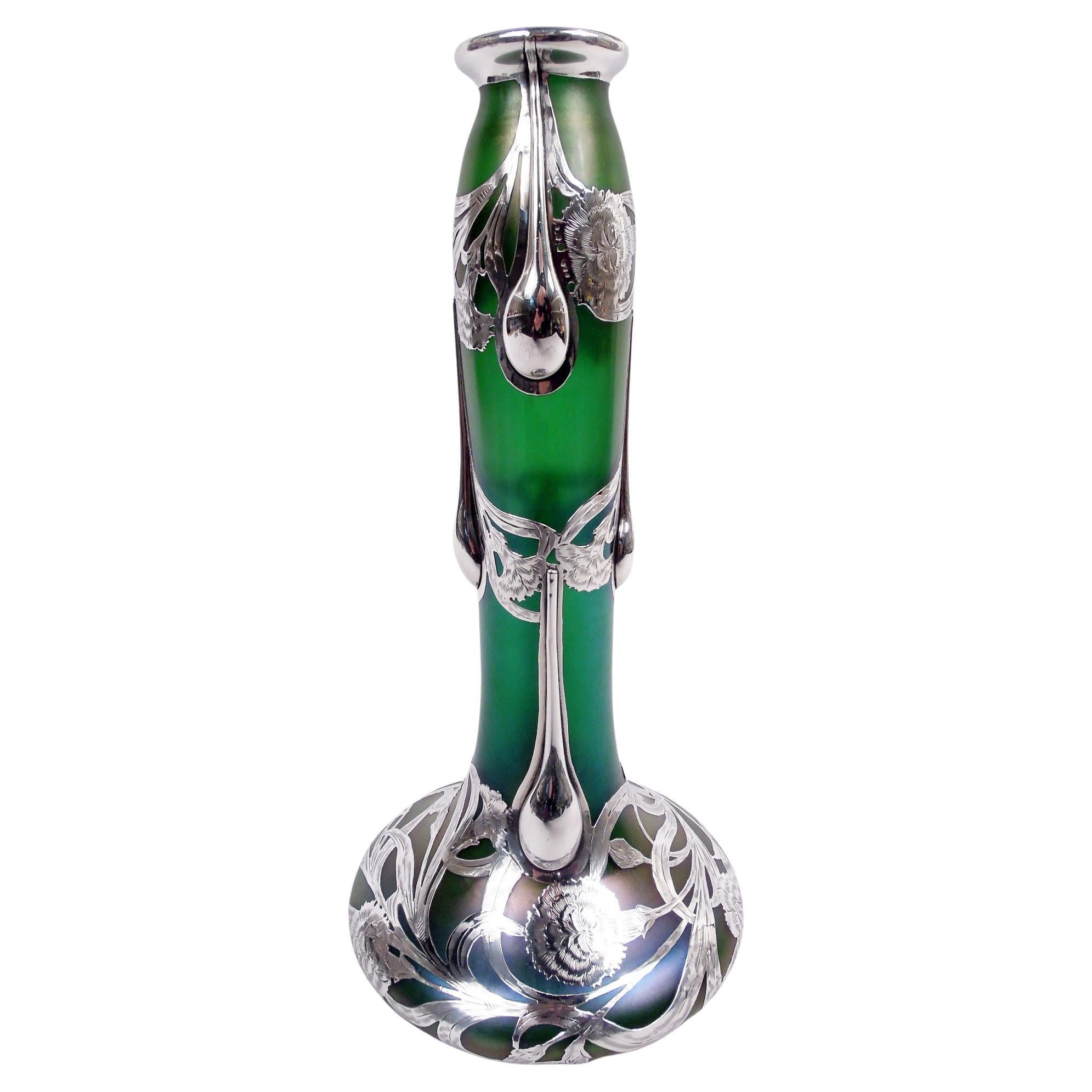 Tall Loetz Art Nouveau Green Vase with Alvin Silver Overlay For Sale