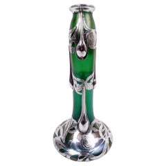 Tall Loetz Art Nouveau Green Vase with Alvin Silver Overlay