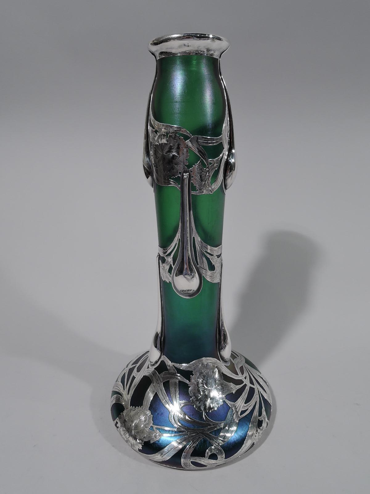 Art Nouveau Tall Loetz Iridescent Glass Vase with Silver Overlay by Alvin