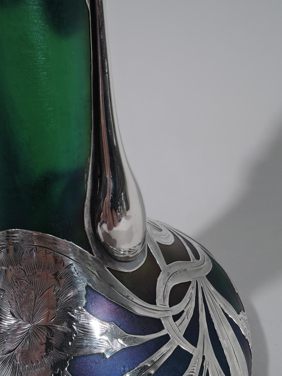 Tall Loetz Iridescent Glass Vase with Silver Overlay by Alvin In Excellent Condition In New York, NY