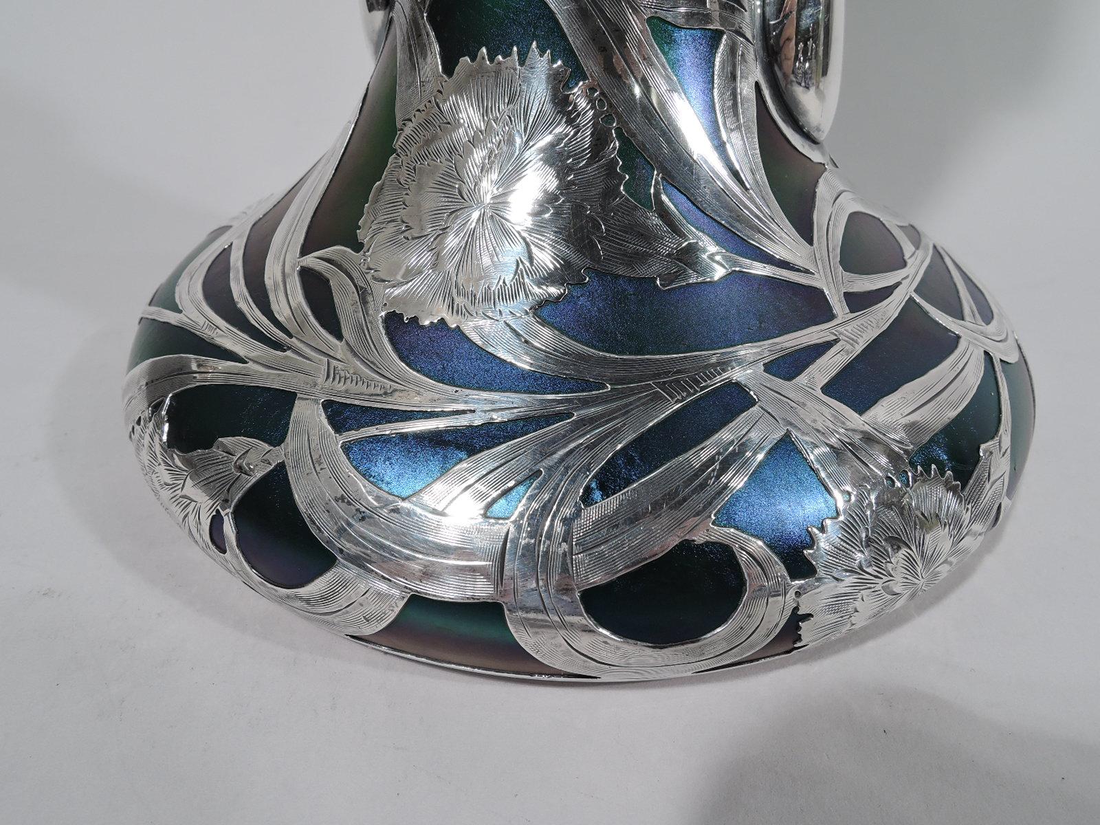 Sterling Silver Tall Loetz Iridescent Glass Vase with Silver Overlay by Alvin
