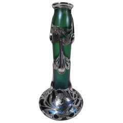 Tall Loetz Iridescent Glass Vase with Silver Overlay by Alvin