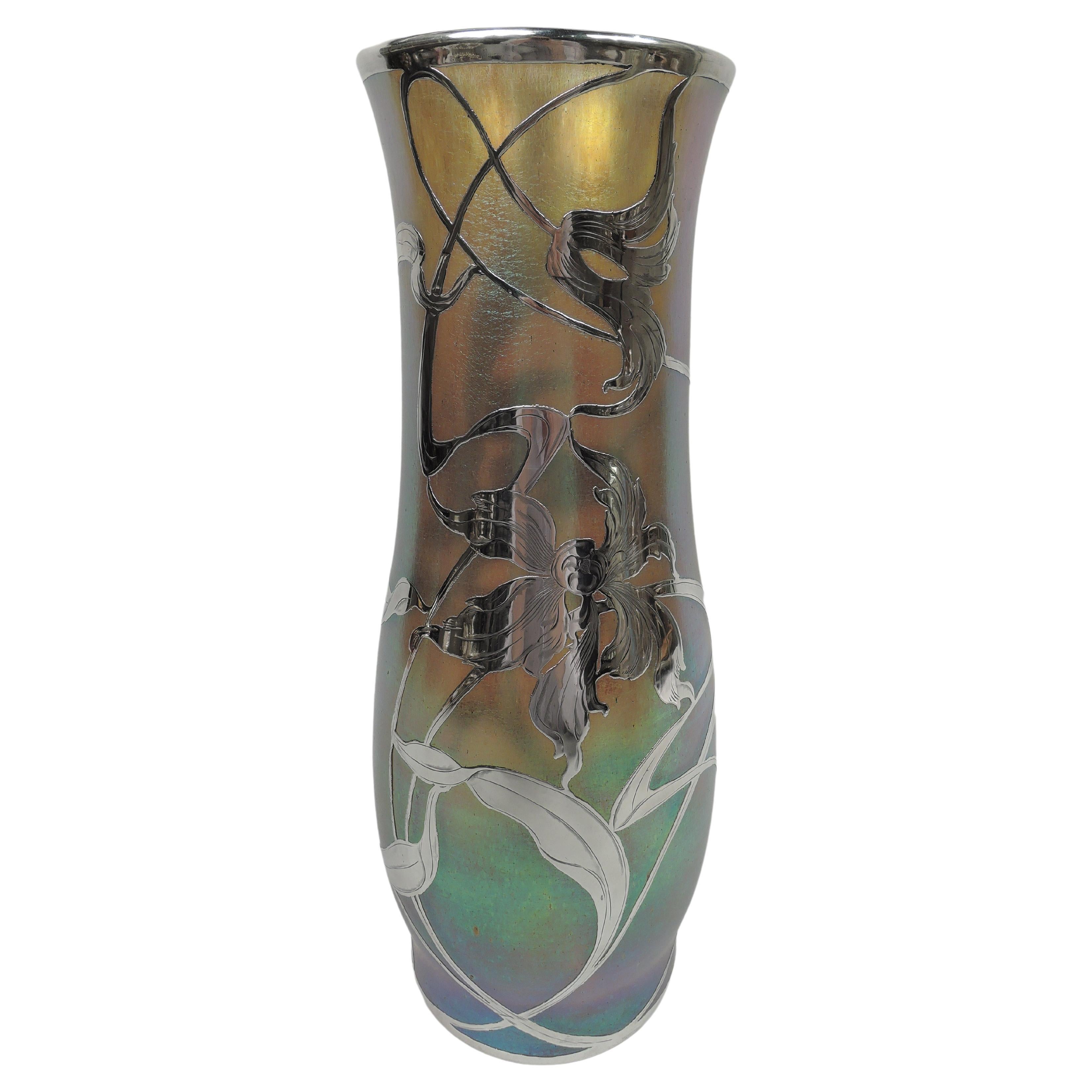 Austrian Loetz Iridescent Art Nouveau Glass Vase Sterling Overlay For Sale At 1stdibs Loetz