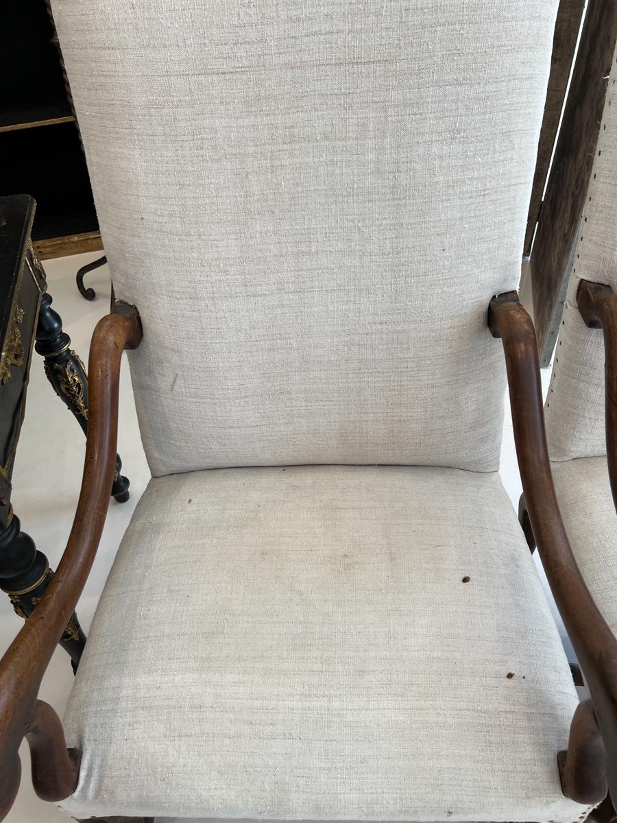 Tall Louis XIV Arm Chairs with French Fabric In Fair Condition In New Orleans, LA