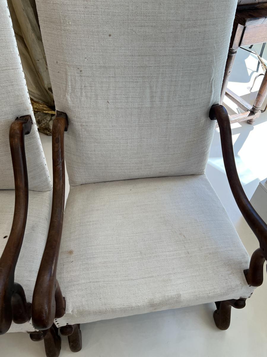 19th Century Tall Louis XIV Arm Chairs with French Fabric