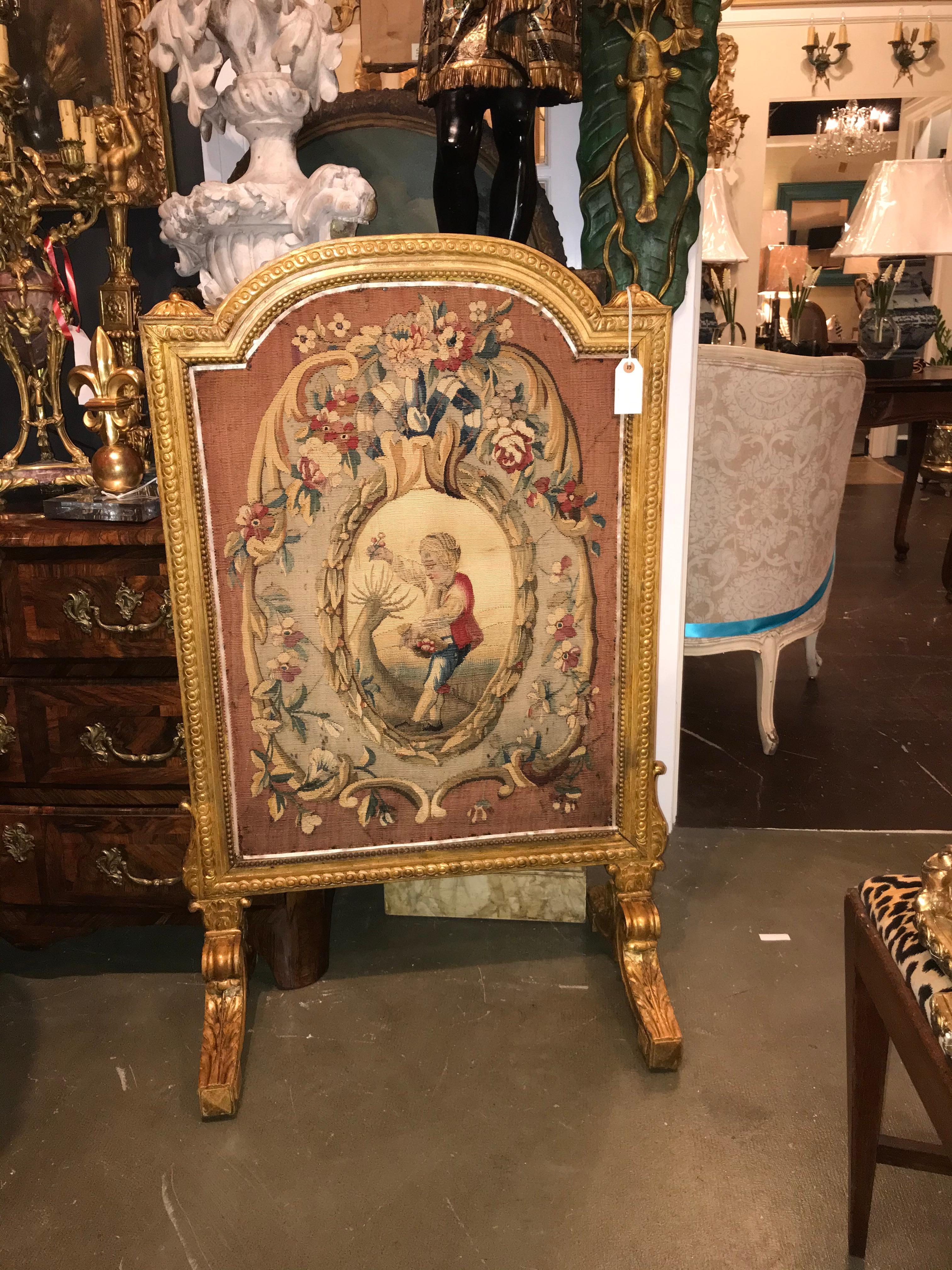 Tall Louis Xvi Style Tapestry and Giltwood Firescreen 1