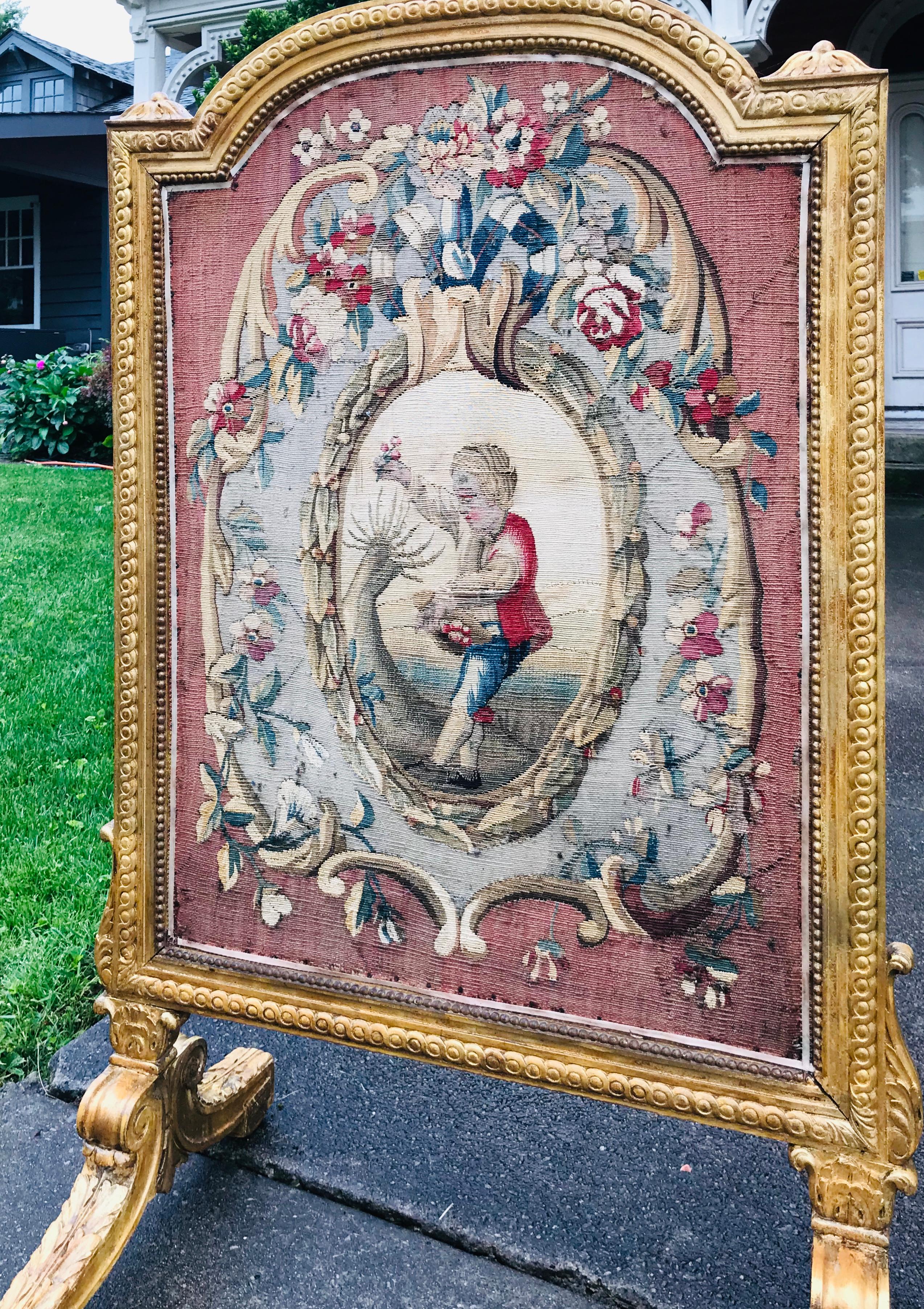 Louis XVI Tall Louis Xvi Style Tapestry and Giltwood Firescreen