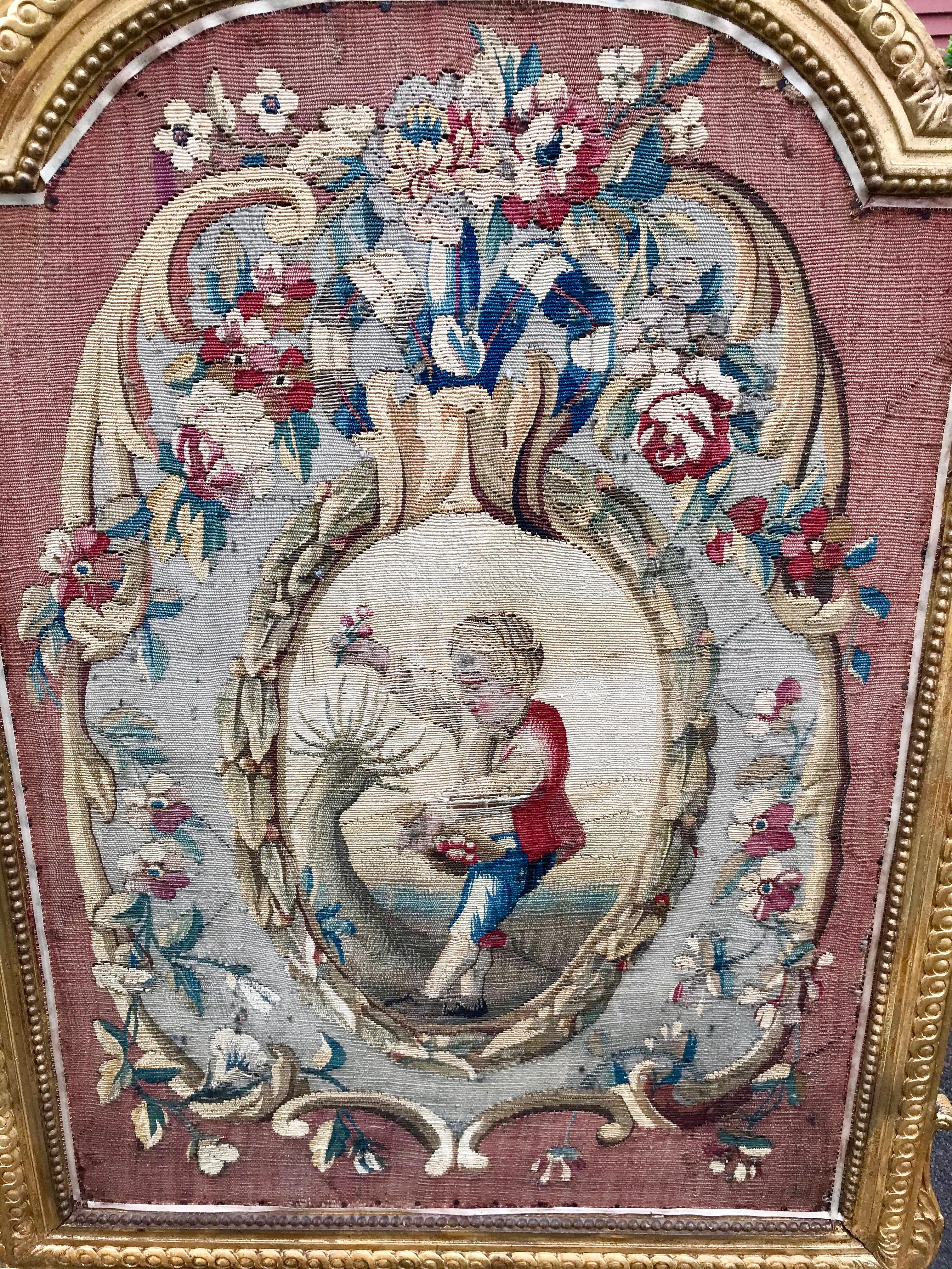 Tall Louis Xvi Style Tapestry and Giltwood Firescreen In Fair Condition In Nashville, TN