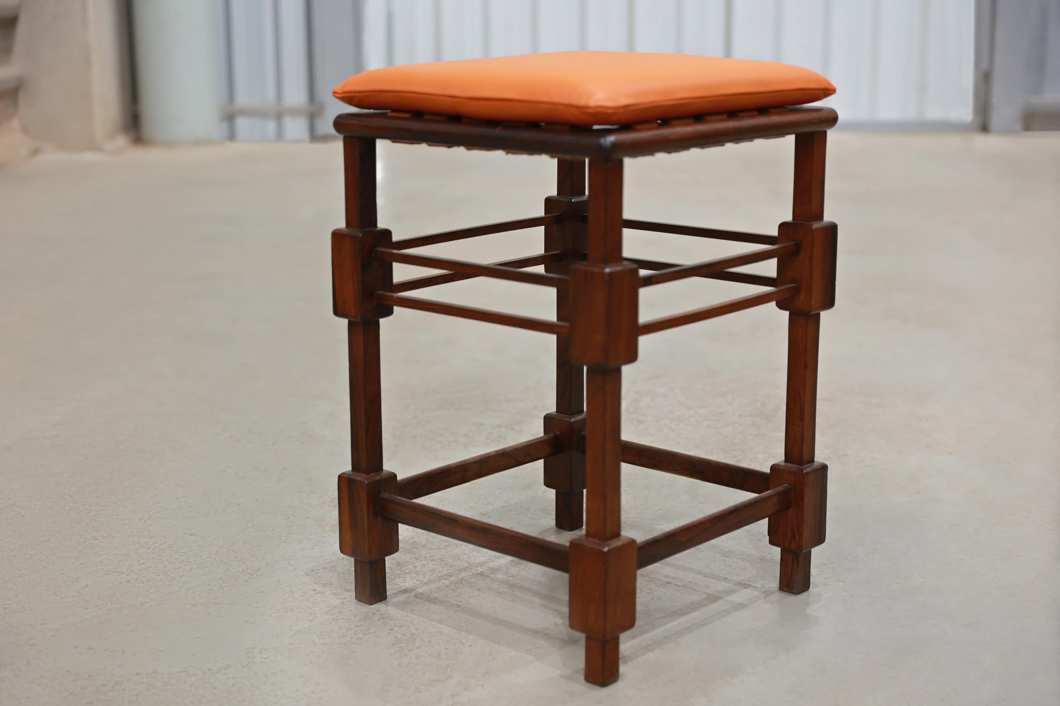 Available TODAY in NYC including FREE DOMESTIC SHIPPING, these stool s in Rosewood & Leather by Sergio Ropdrigues, 1960s is nothing less than gorgeous!

The body of this stool is made with a dark brown rosewood (also known as jacaranda). The four