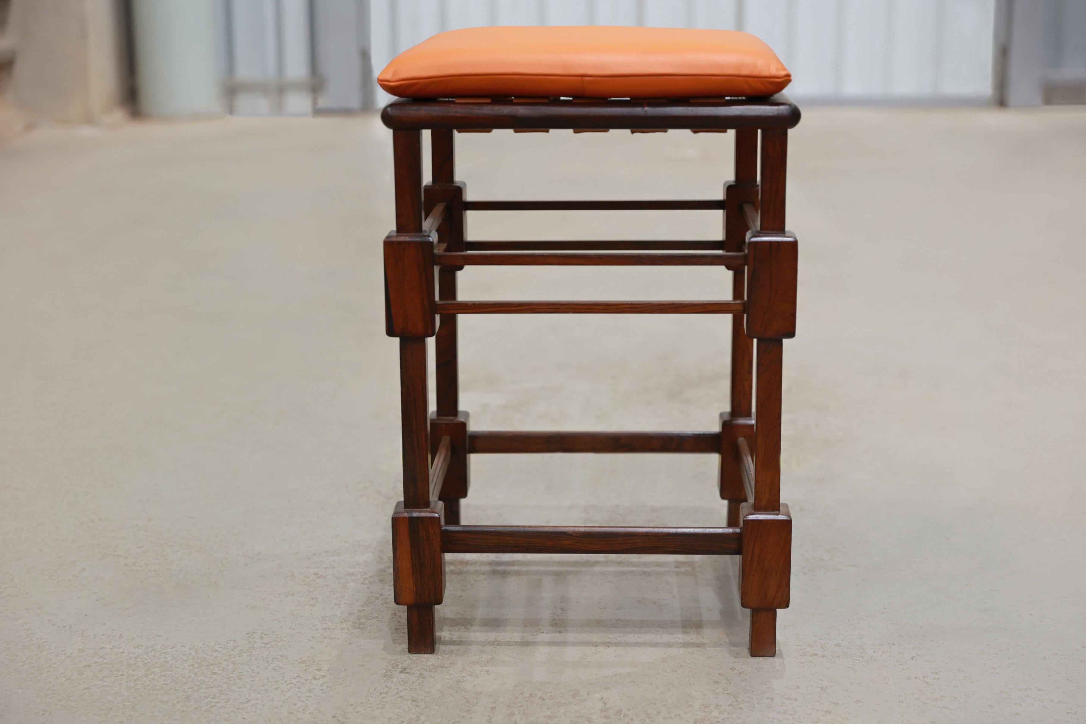 Brazilian Tall “Magrini” Stool in Hardwood and Leather by Sergio Rodrigues, c. 1960s