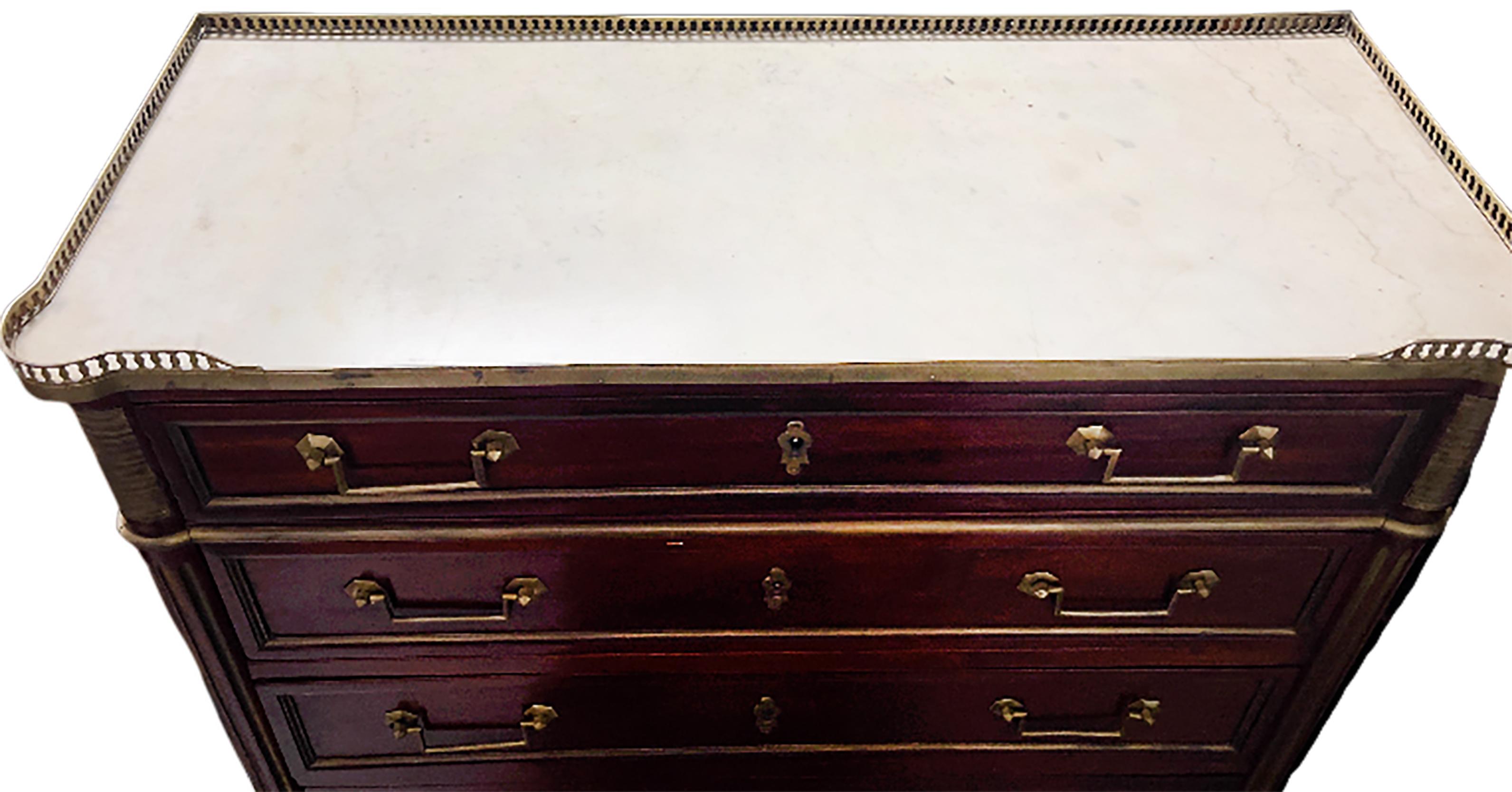 Tall Mahogany Chest of Drawers with Bronze Trim and White Marble Top For Sale 4