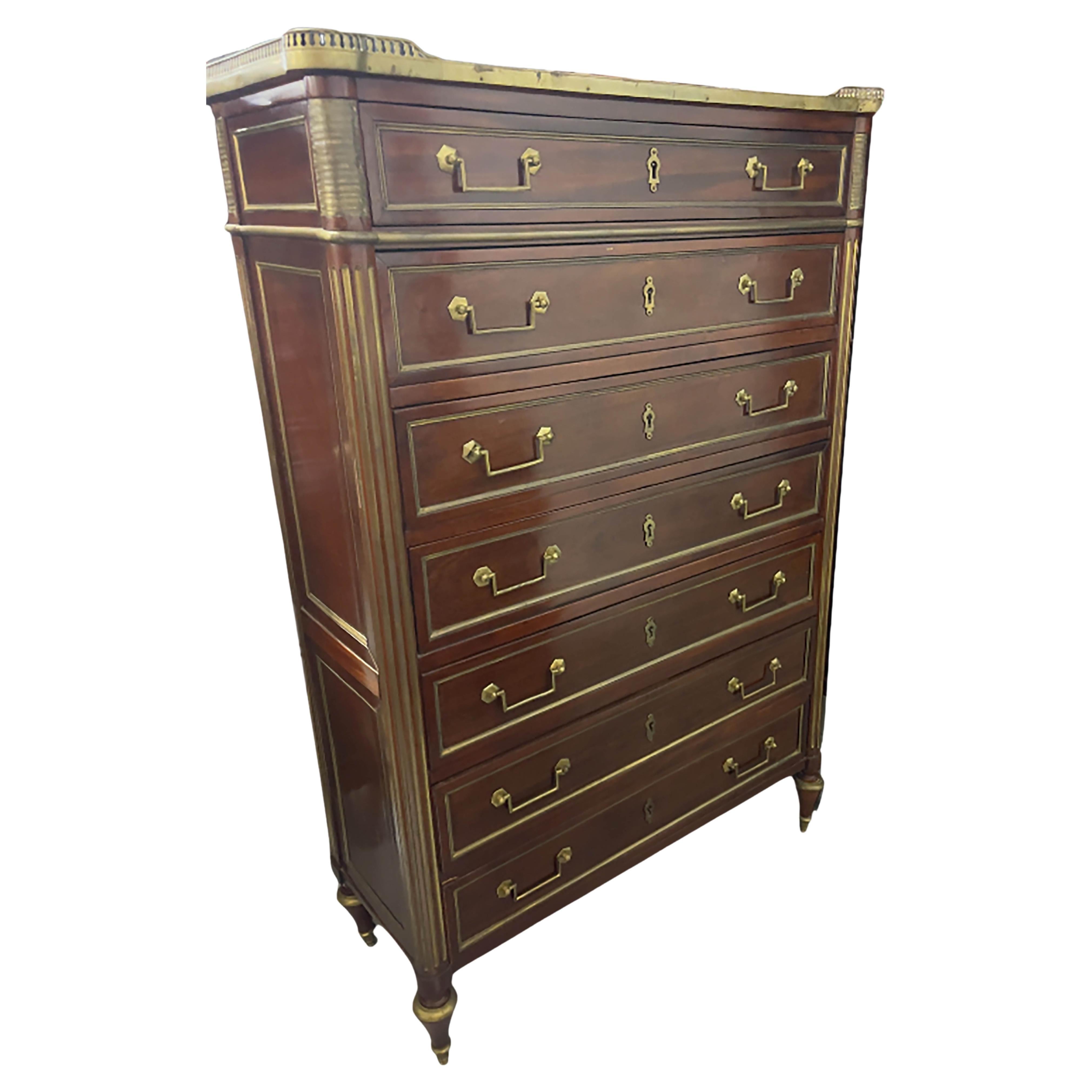 Tall Mahogany Chest of Drawers with Bronze Trim and White Marble Top For Sale