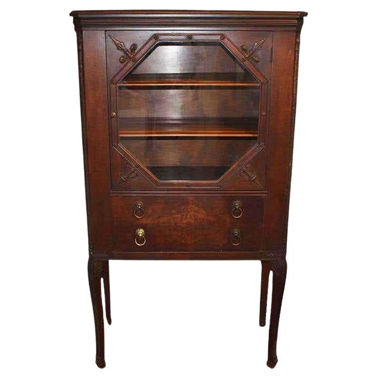 Tall Mahogany China Cabinet with Two Drawers and Octagonal Glass Door 1900s