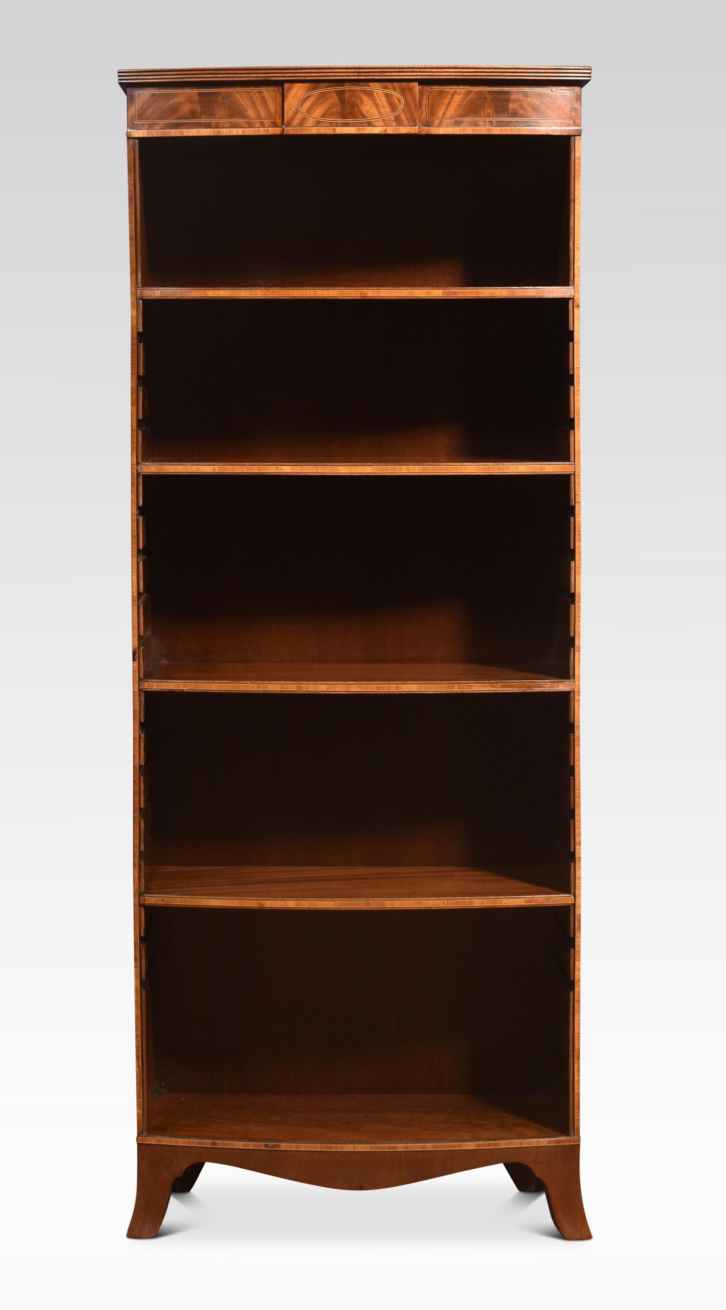 20th Century Tall mahogany inlaid open bookcase For Sale