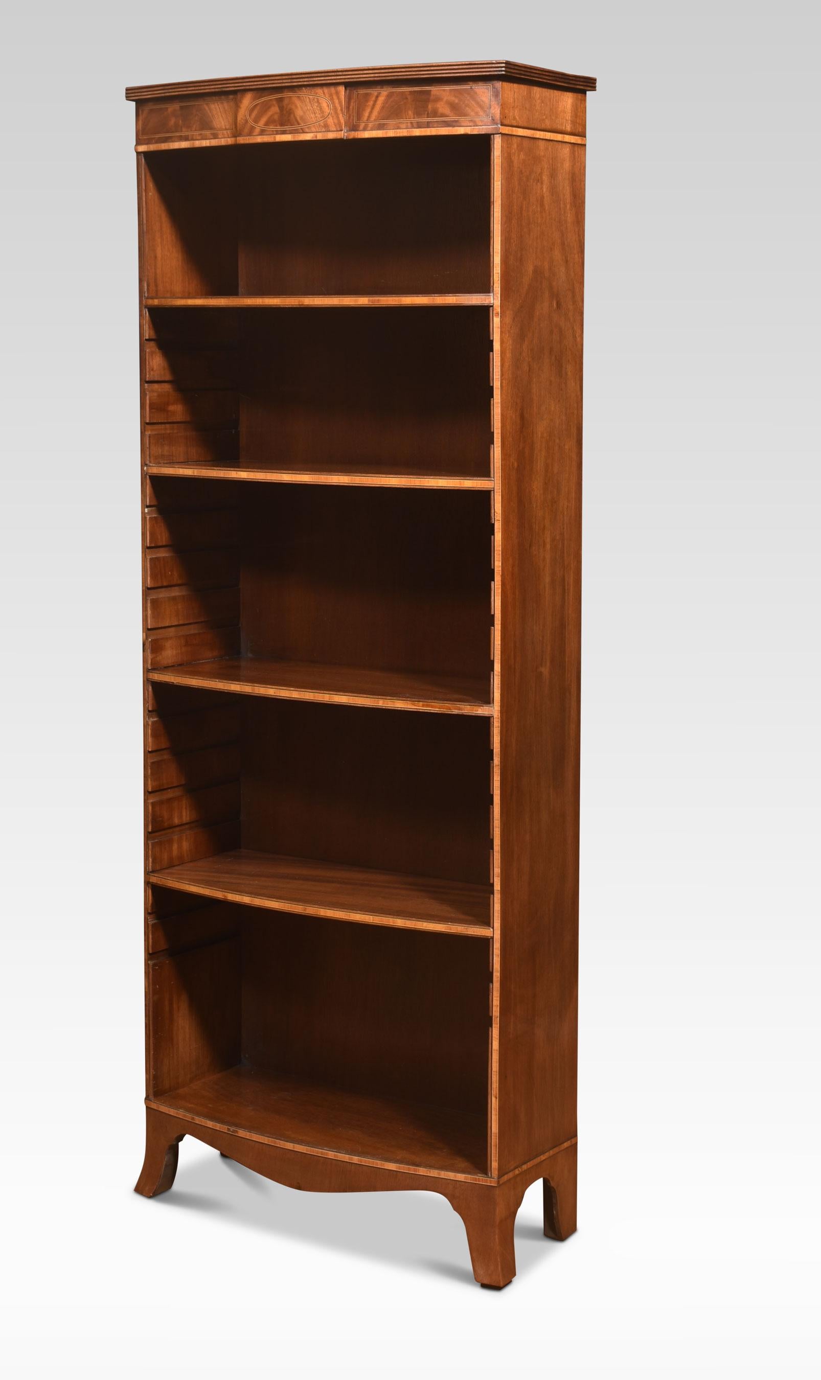 Wood Tall mahogany inlaid open bookcase For Sale