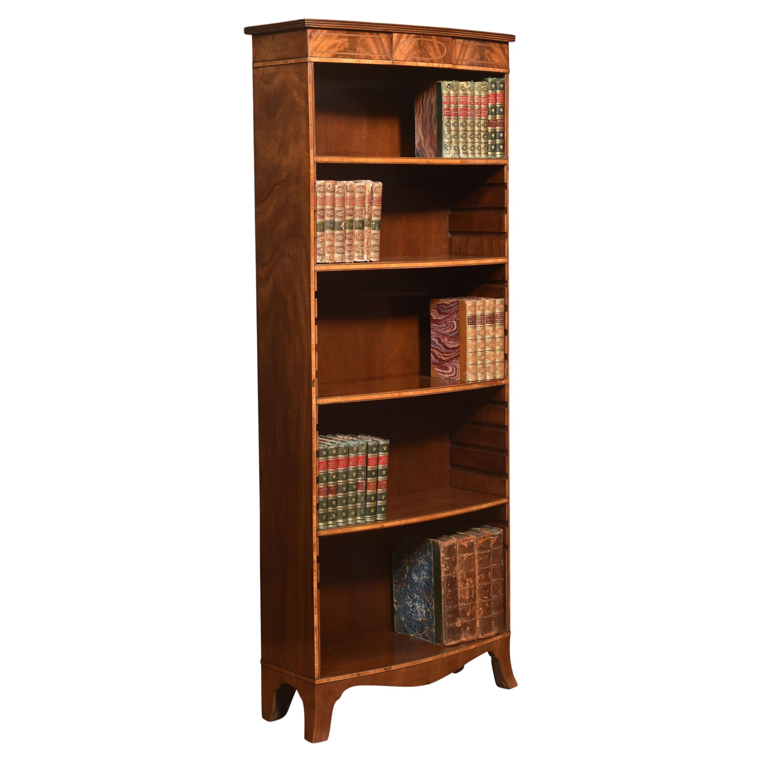 Tall mahogany inlaid open bookcase For Sale