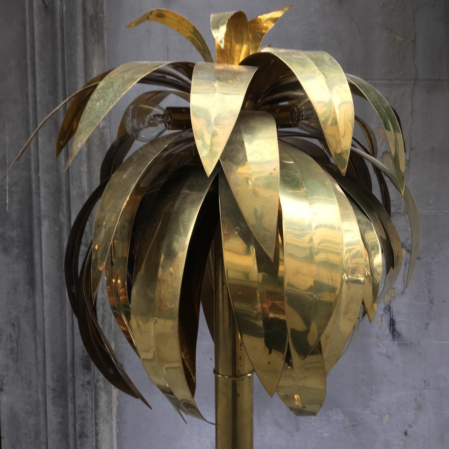 Tall Maison Jansen Brass Palm Tree Floor Lamp with Marble Base, 1970s 8