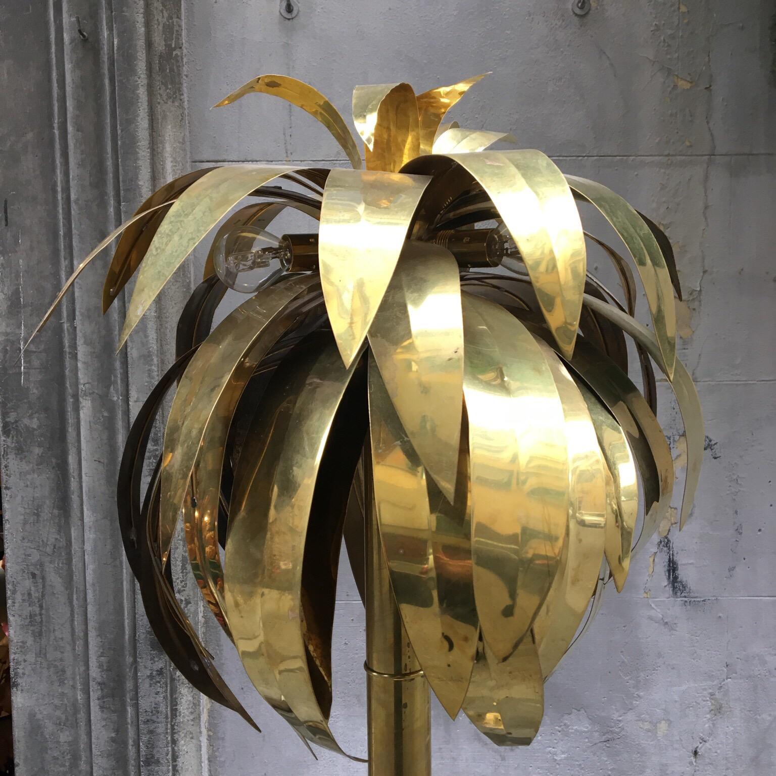 Mid-Century Modern Tall Maison Jansen Brass Palm Tree Floor Lamp with Marble Base, 1970s