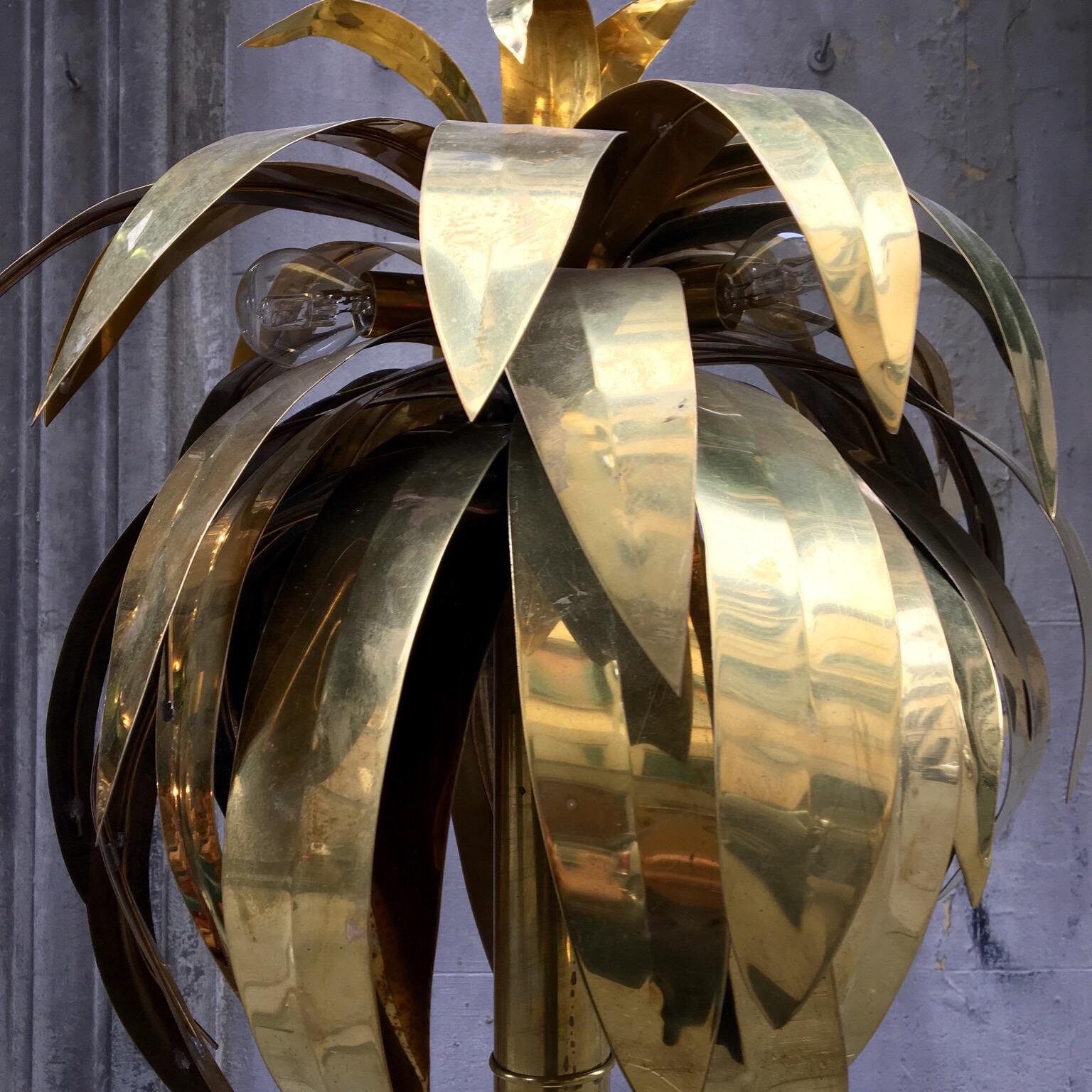 Tall Maison Jansen Brass Palm Tree Floor Lamp with Marble Base, 1970s In Good Condition In Florence, IT