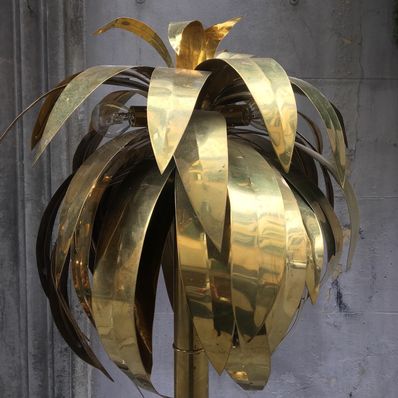 Late 20th Century Tall Maison Jansen Brass Palm Tree Floor Lamp with Marble Base, 1970s